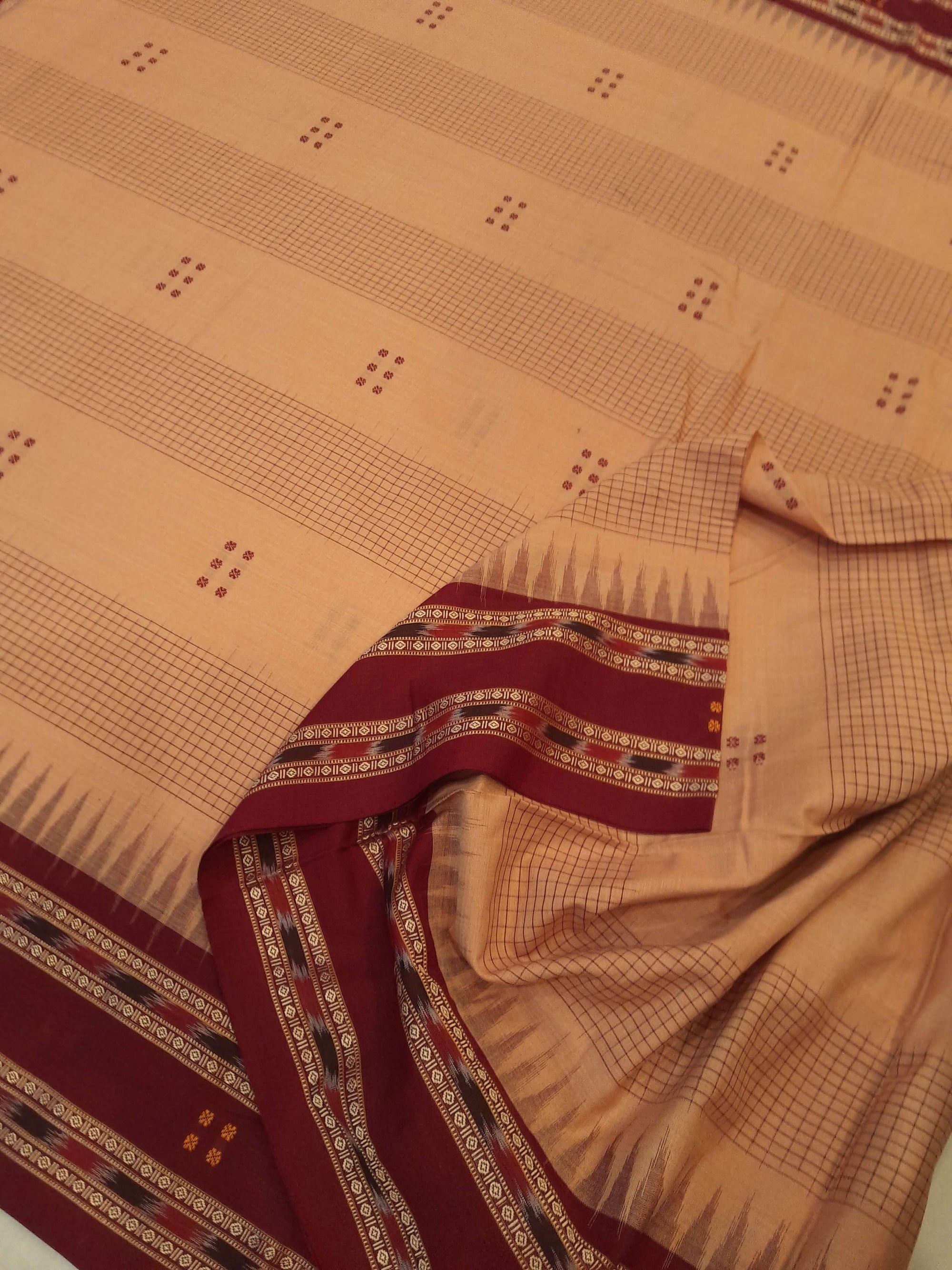 Beige Maroon buti Cotton Odisha Ikat saree with mix match cotton ikat blouse
