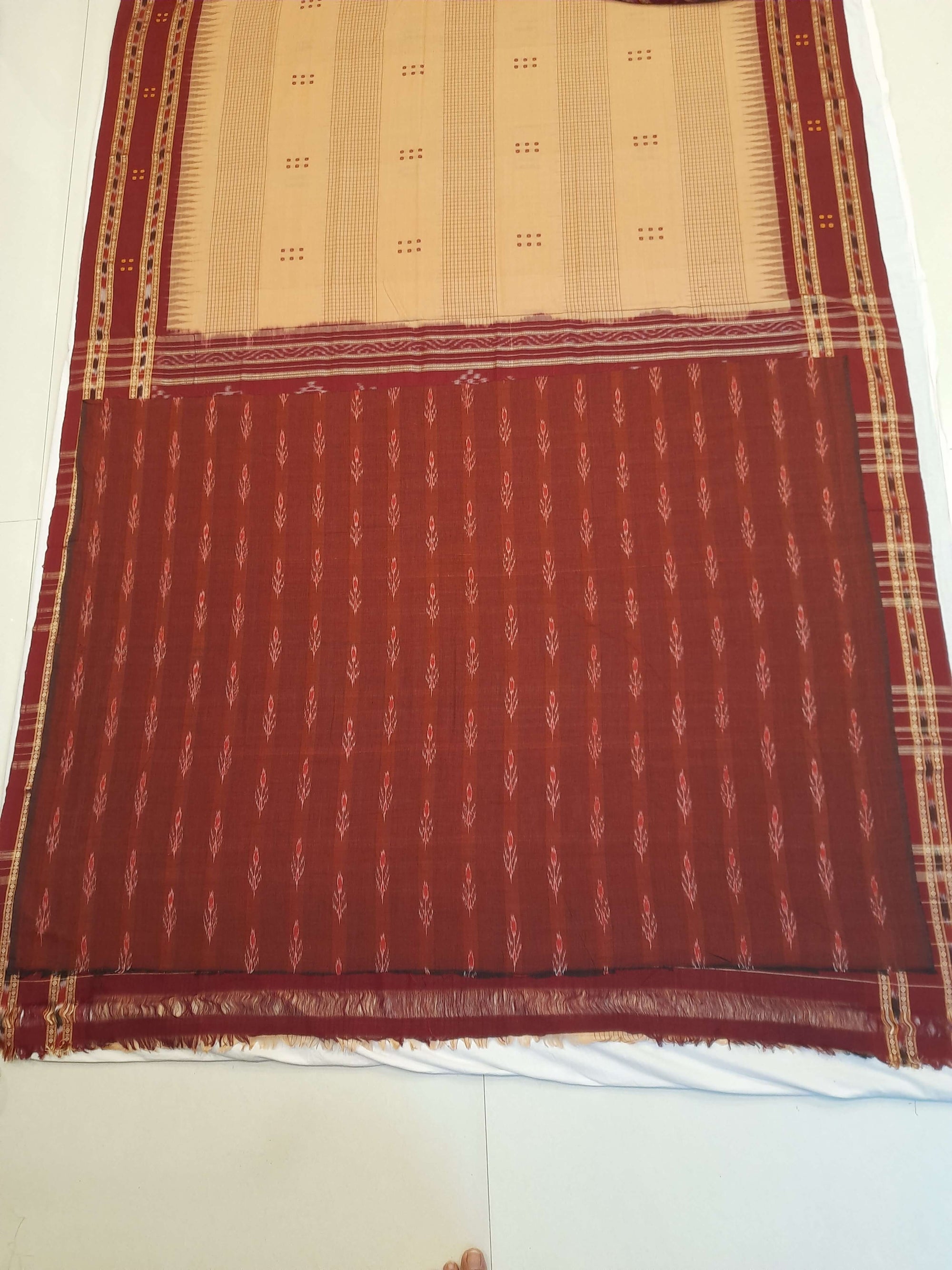 Beige Maroon buti Cotton Odisha Ikat saree with mix match cotton ikat blouse
