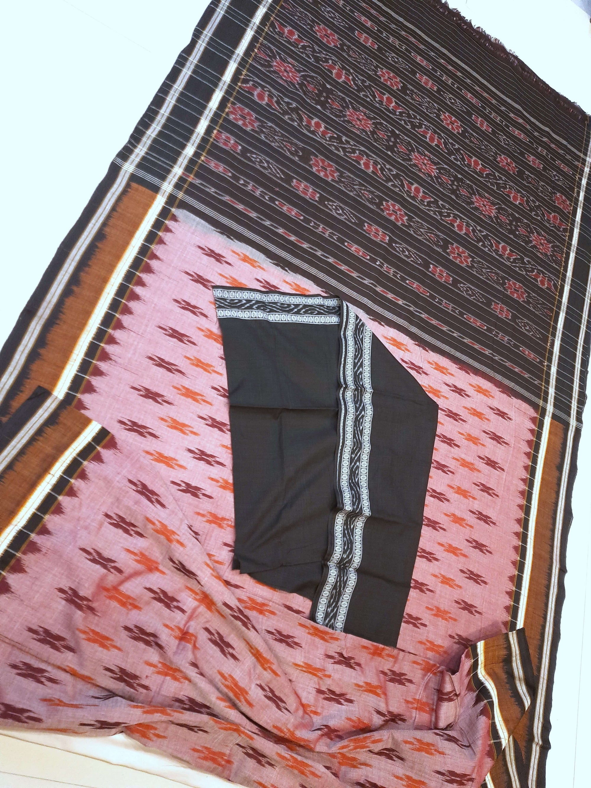 Pink Cotton Odisha Ikat saree  with mix match cotton ikat blouse piece
