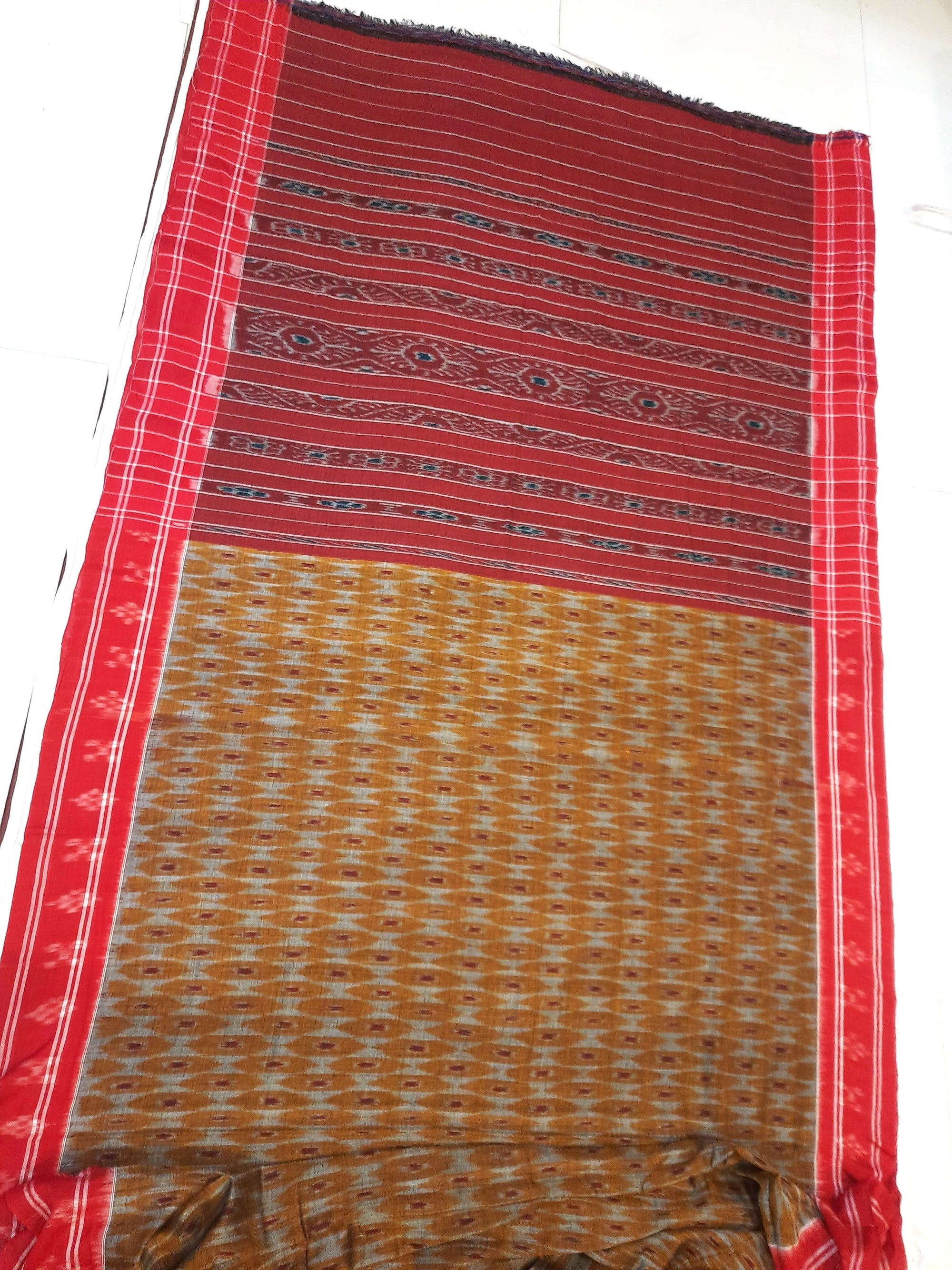 Mustard and Red Cotton Odisha Ikat saree  with mix match cotton ikat blouse piece
