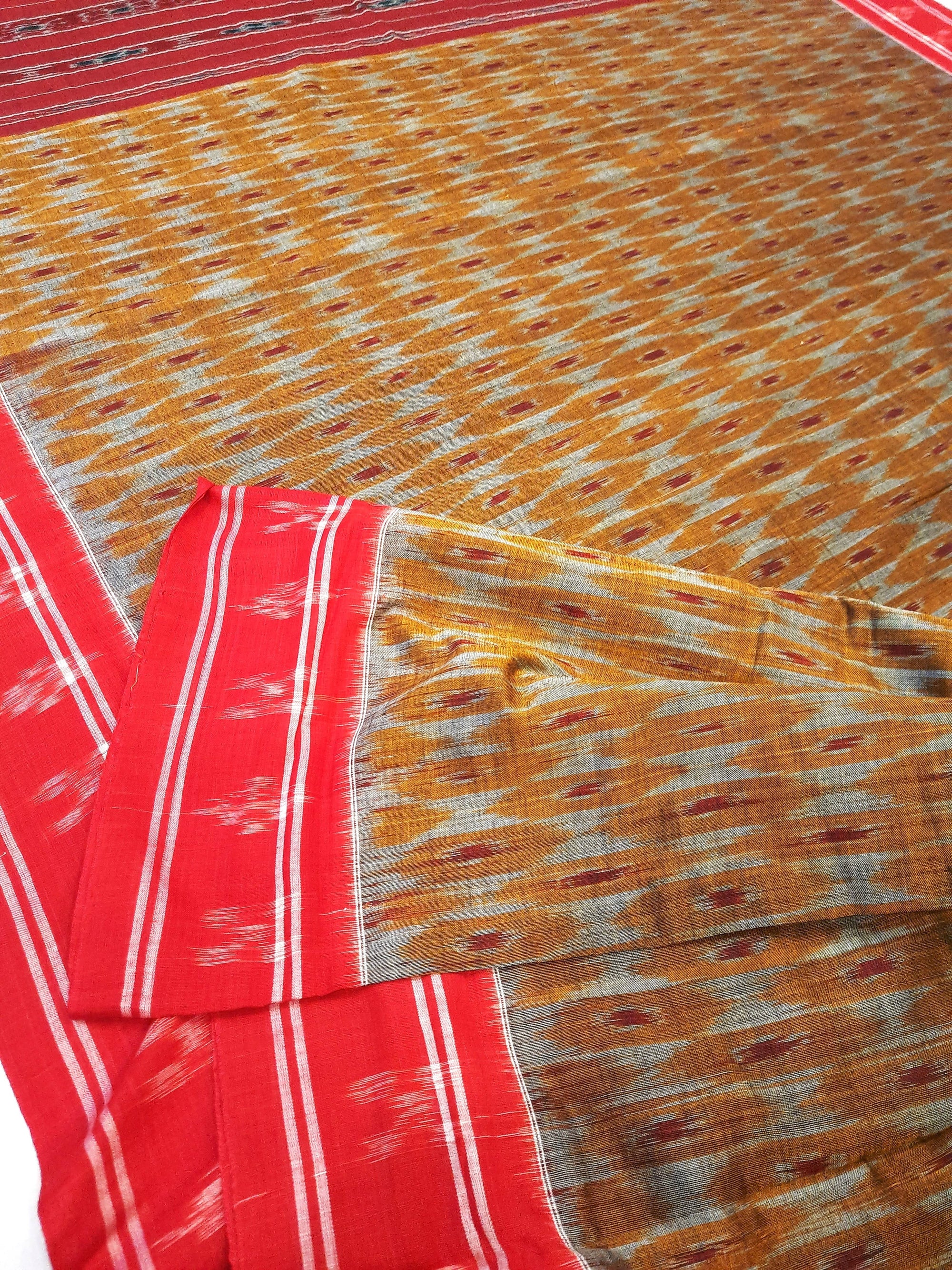 Mustard and Red Cotton Odisha Ikat saree  with mix match cotton ikat blouse piece