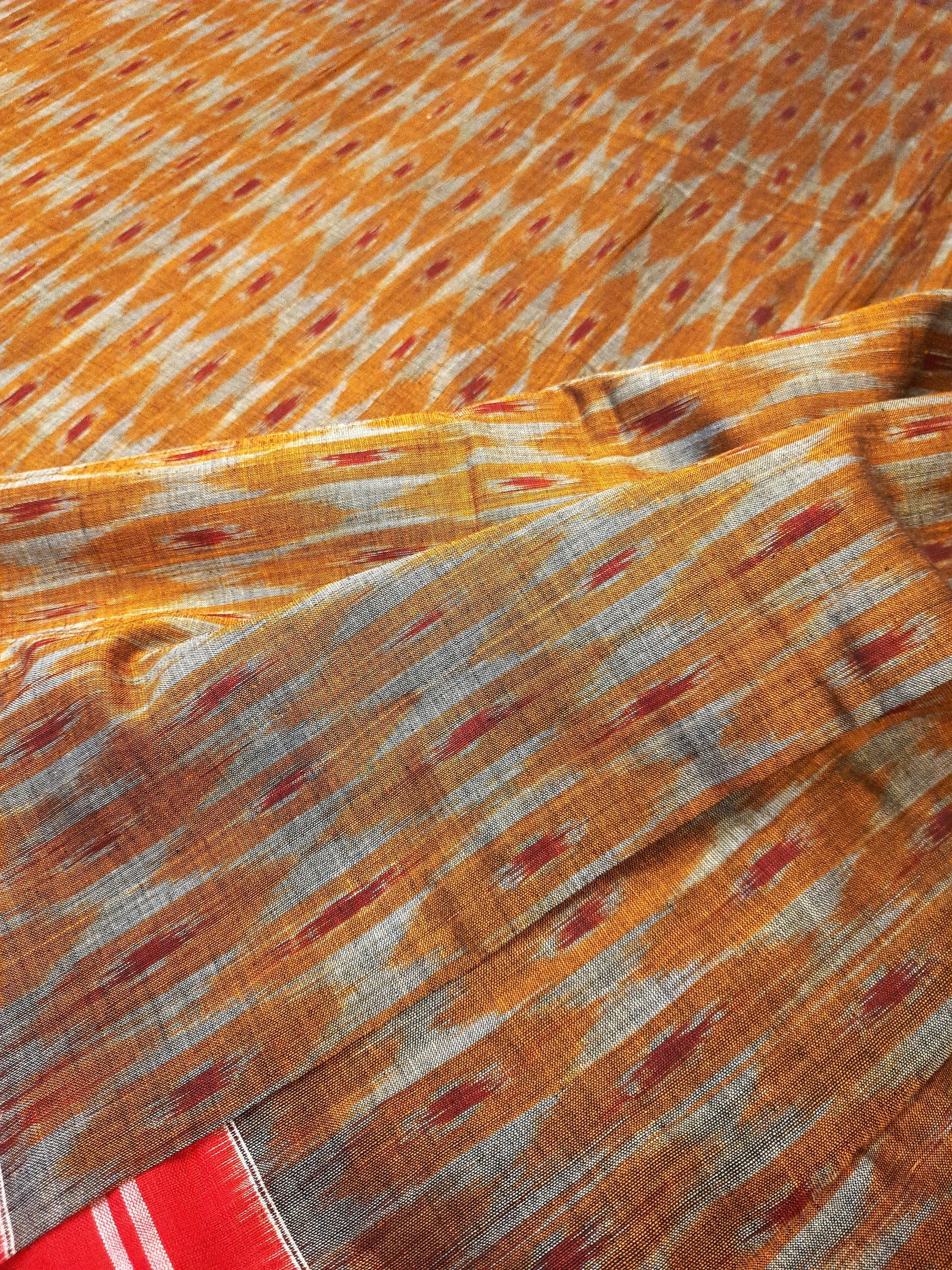 Mustard and Red Cotton Odisha Ikat saree  with mix match cotton ikat blouse piece