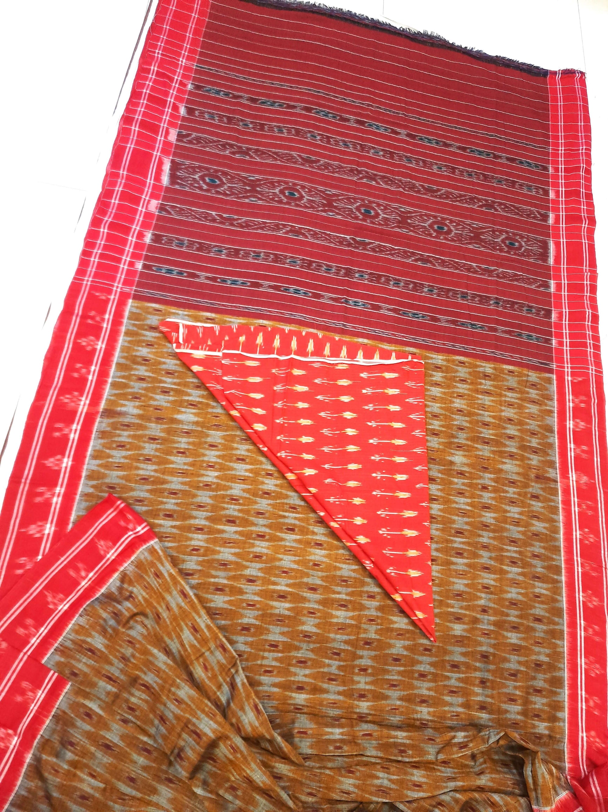 Mustard and Red Cotton Odisha Ikat saree  with mix match cotton ikat blouse piece