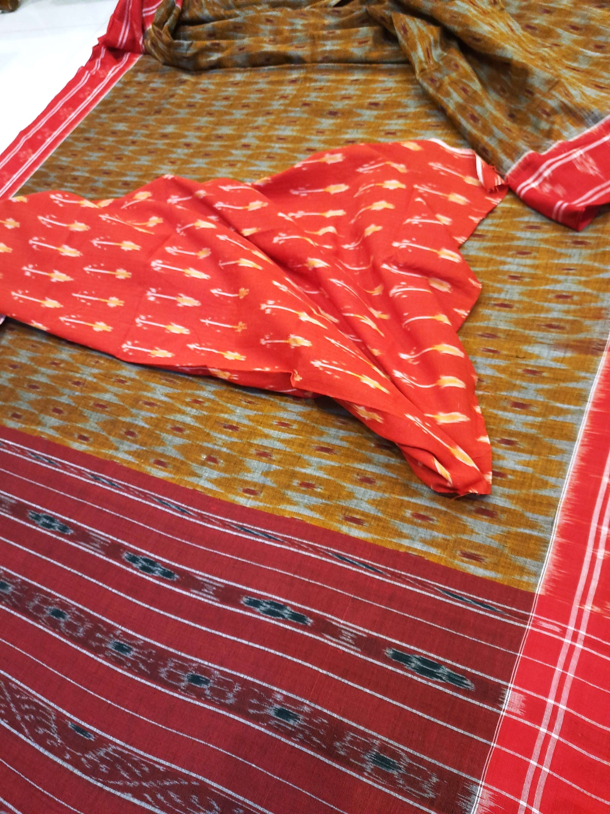 Mustard and Red Cotton Odisha Ikat saree  with mix match cotton ikat blouse piece