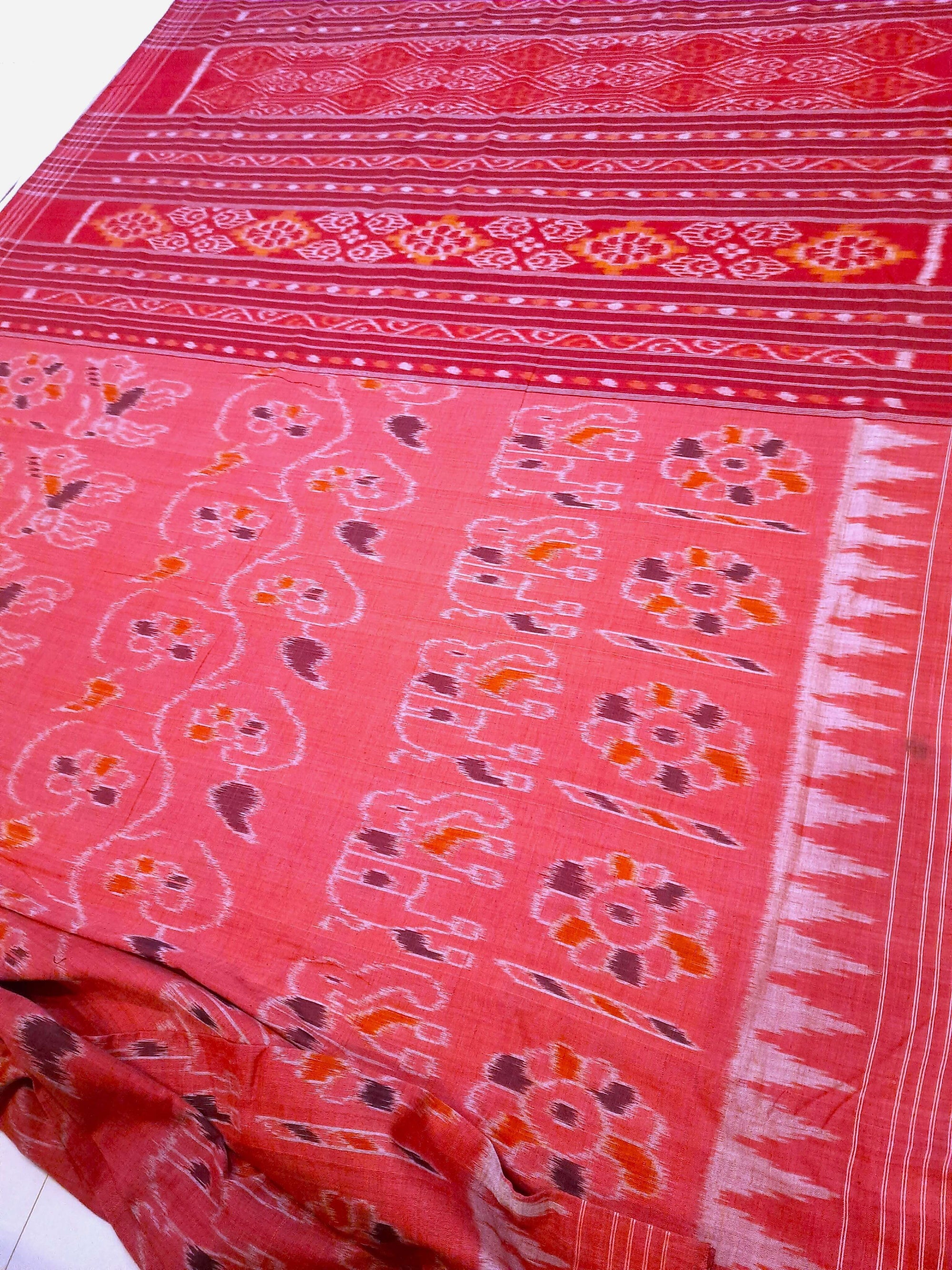 Pink with Maroon Cotton Odisha Ikat saree with mix match cotton ikat blouse piece