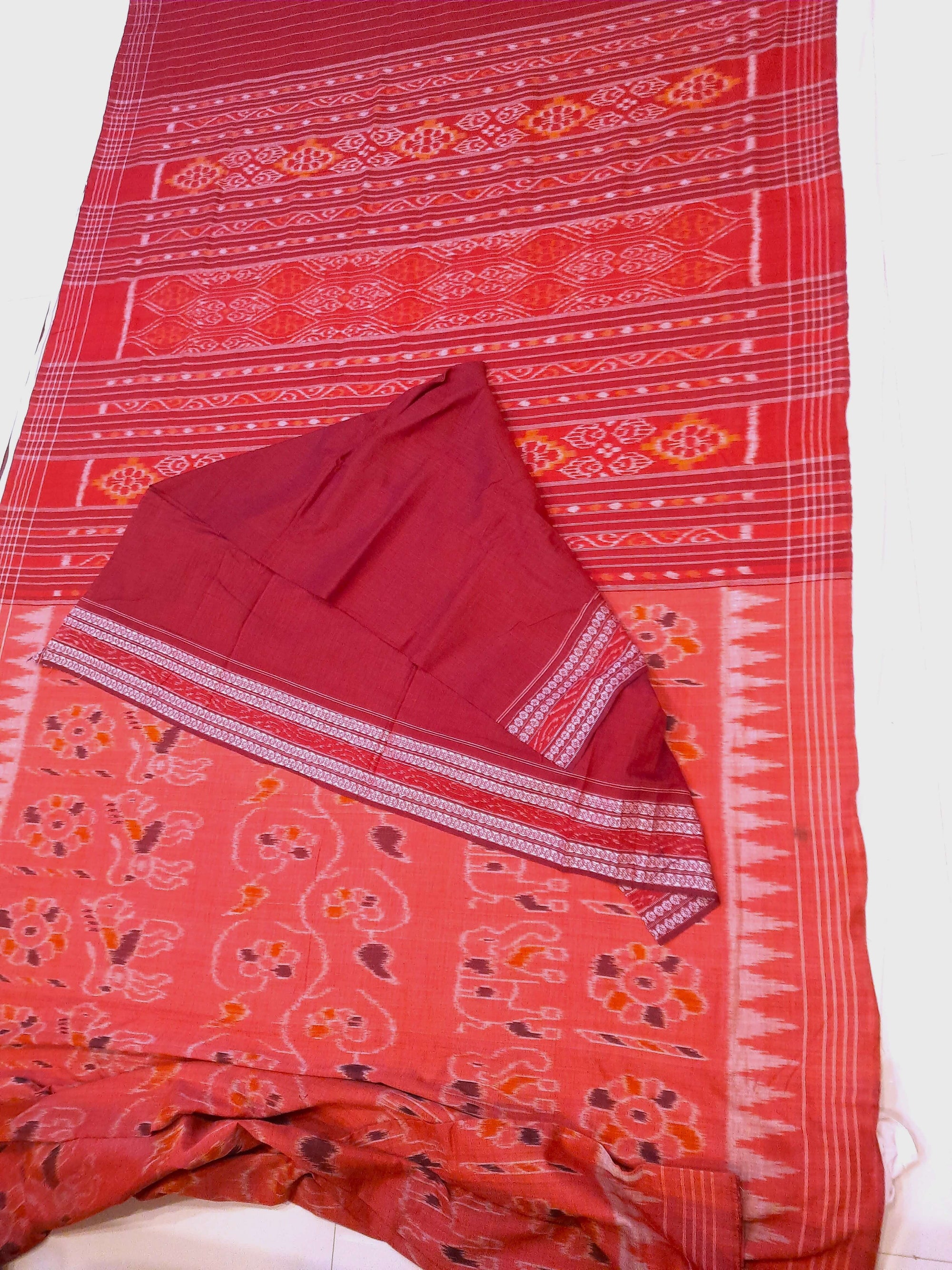 Pink with Maroon Cotton Odisha Ikat saree with mix match cotton ikat blouse piece
