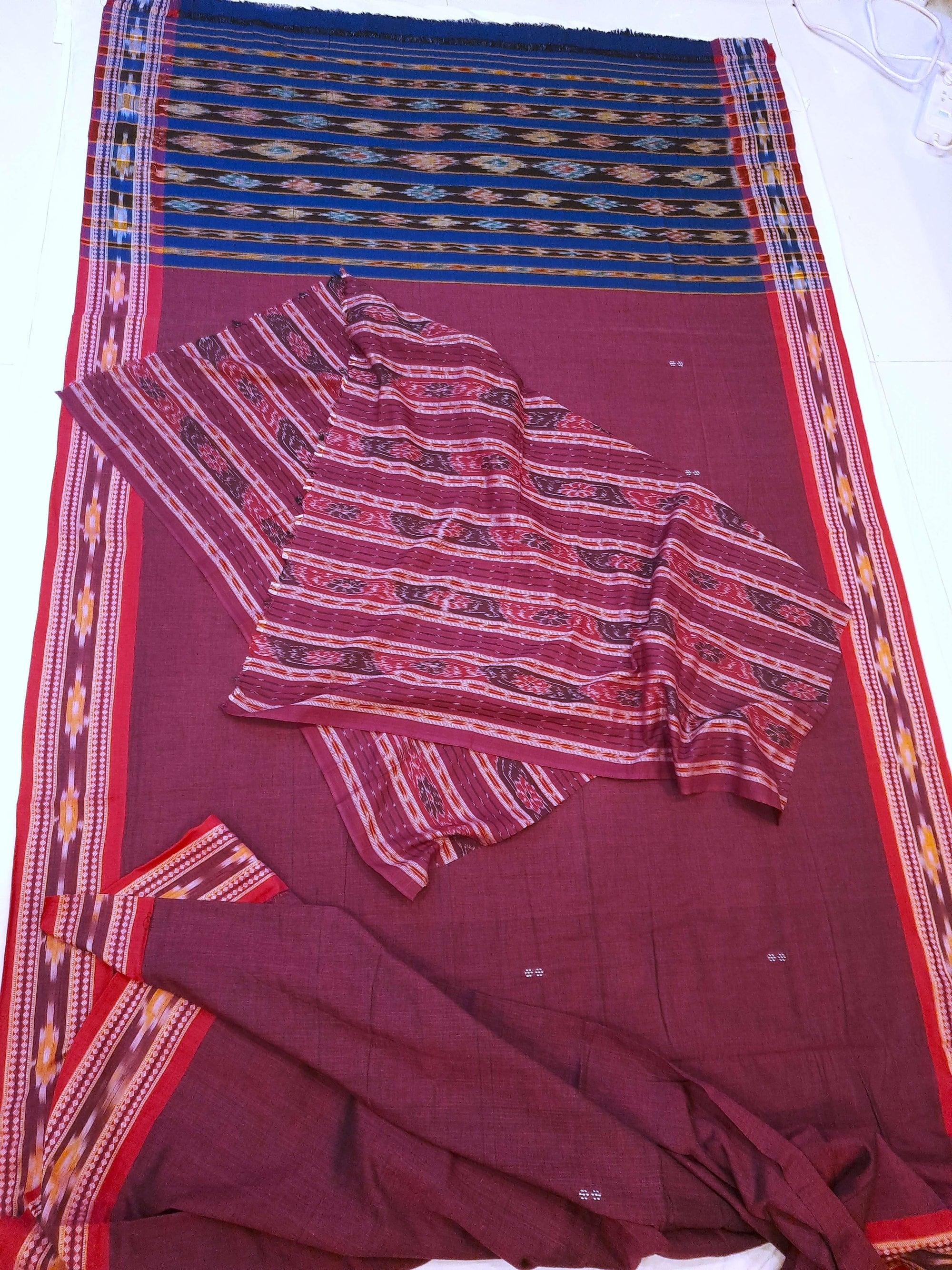 Maroon Cotton Odisha Ikat saree  with mix match cotton ikat blouse