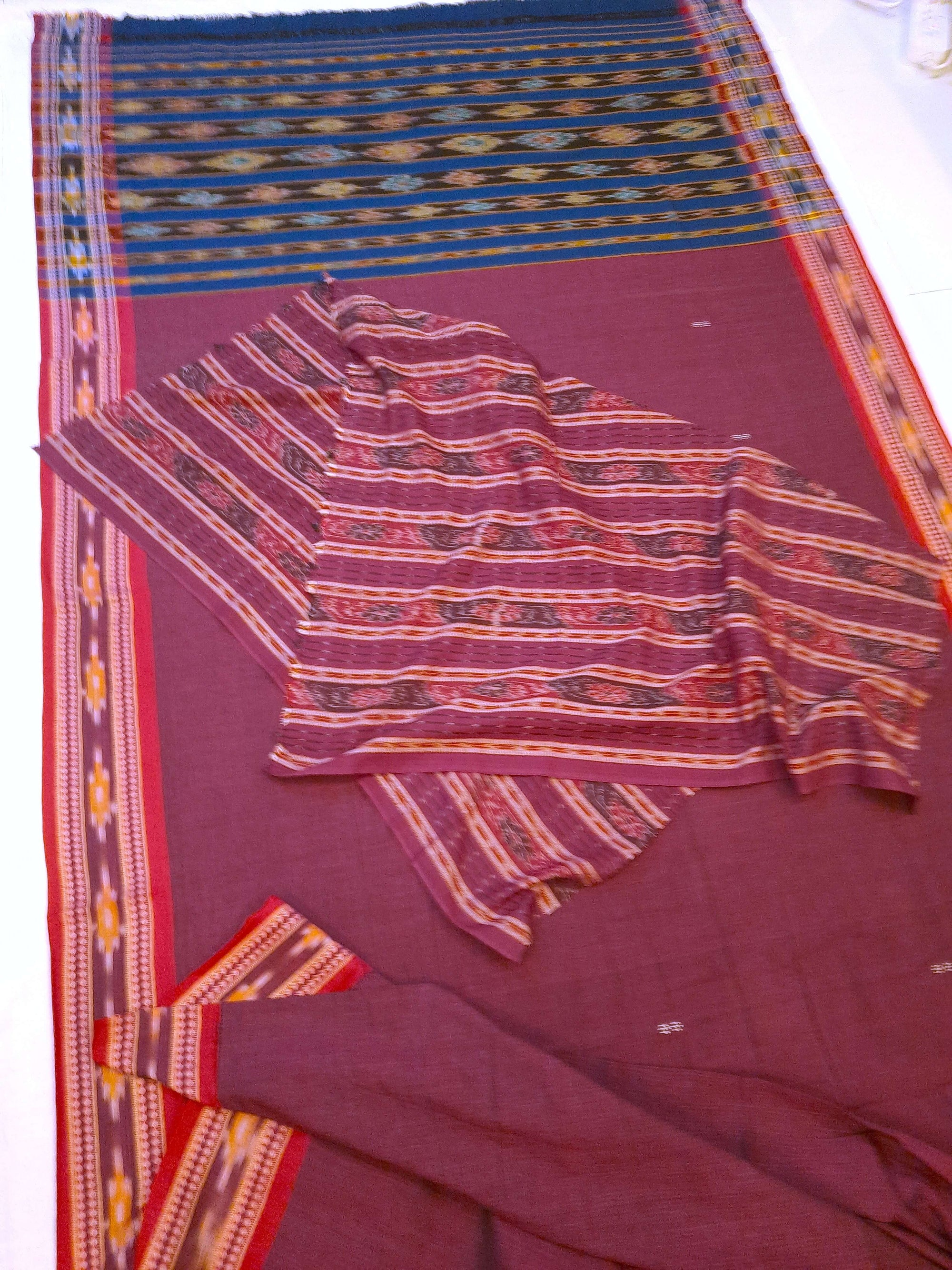 Maroon Cotton Odisha Ikat saree  with mix match cotton ikat blouse