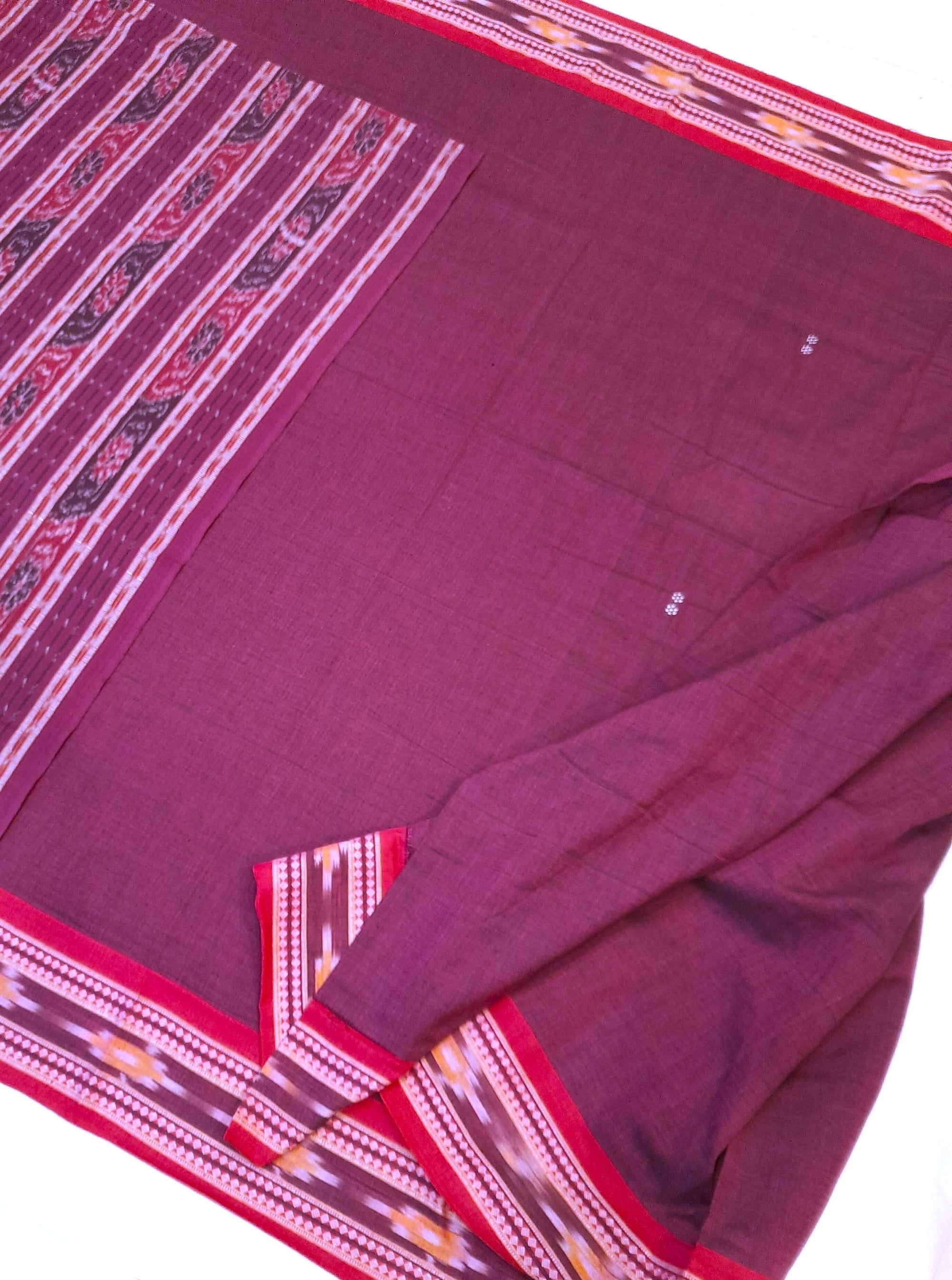 Maroon Cotton Odisha Ikat saree  with mix match cotton ikat blouse