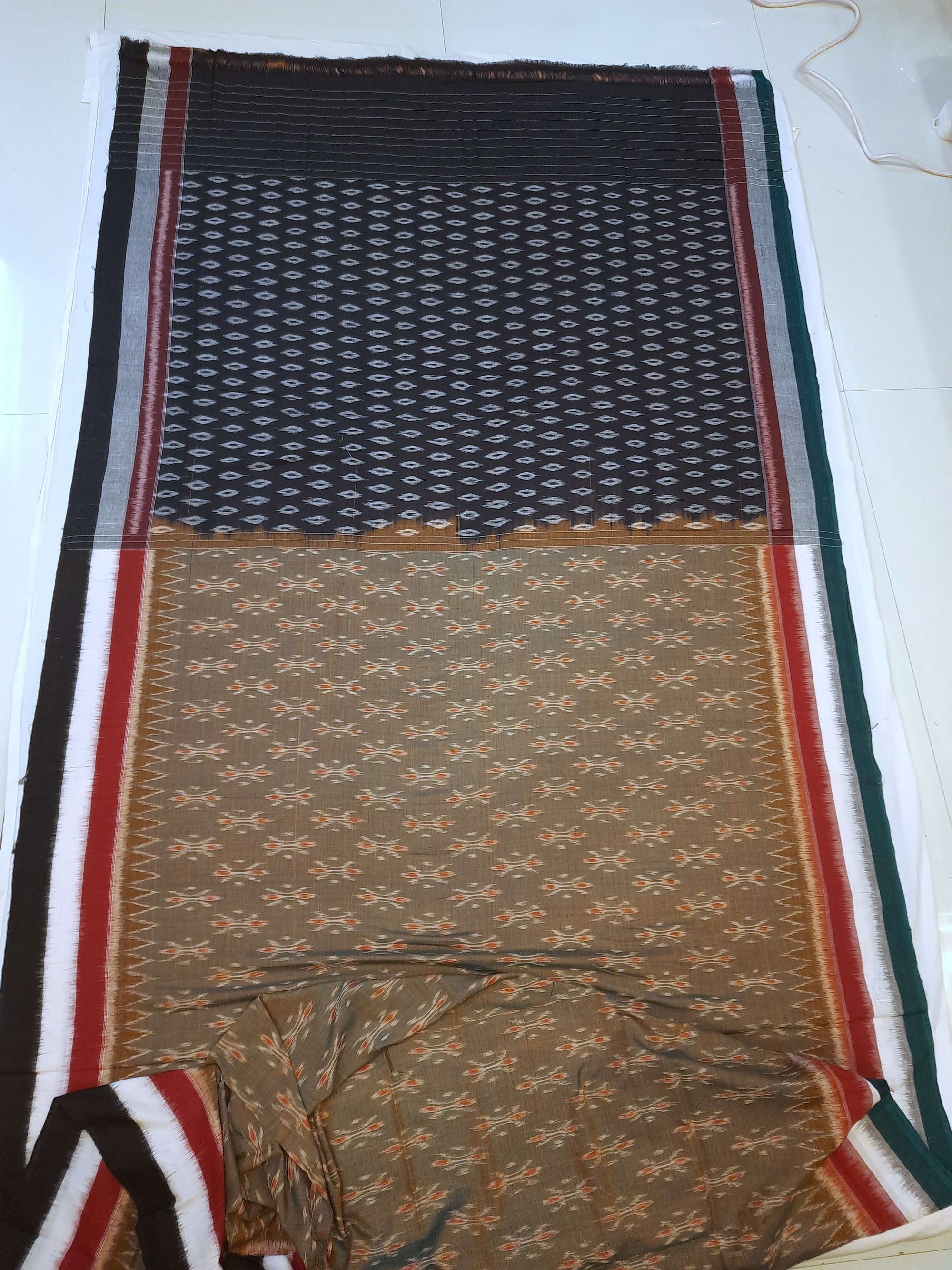 OliveGreen Cotton Odisha Ikat saree  with mix match cotton ikat blouse piece