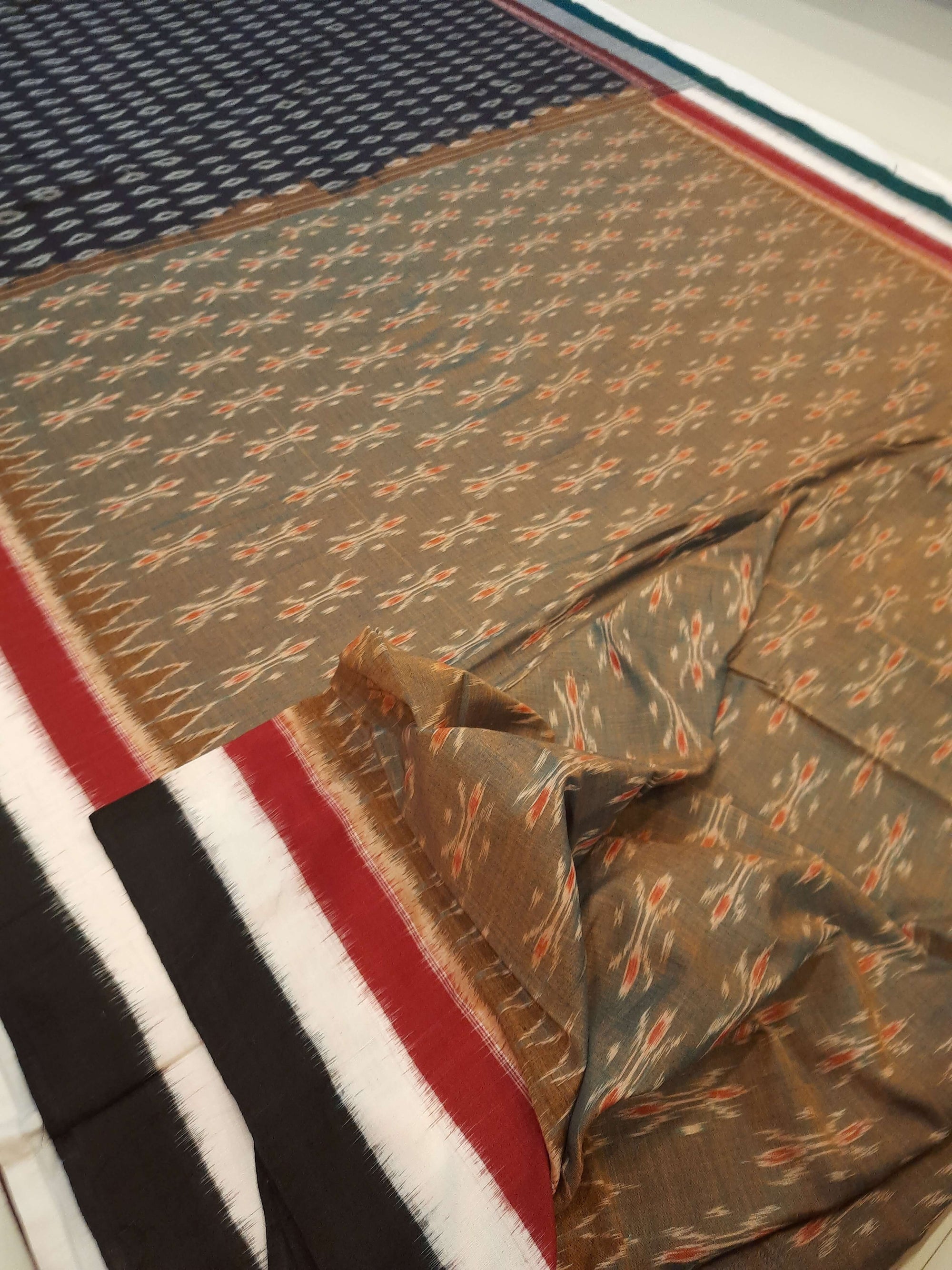 OliveGreen Cotton Odisha Ikat saree  with mix match cotton ikat blouse piece