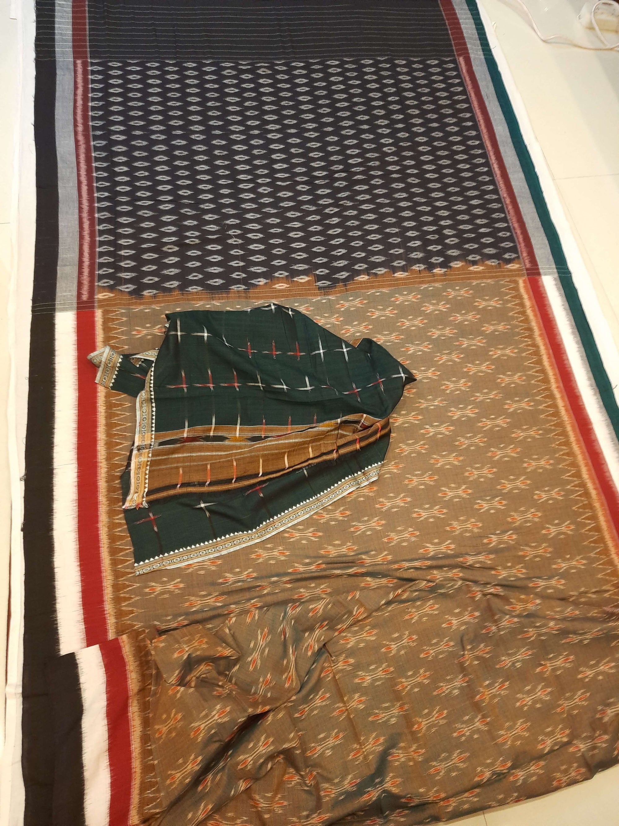 OliveGreen Cotton Odisha Ikat saree  with mix match cotton ikat blouse piece