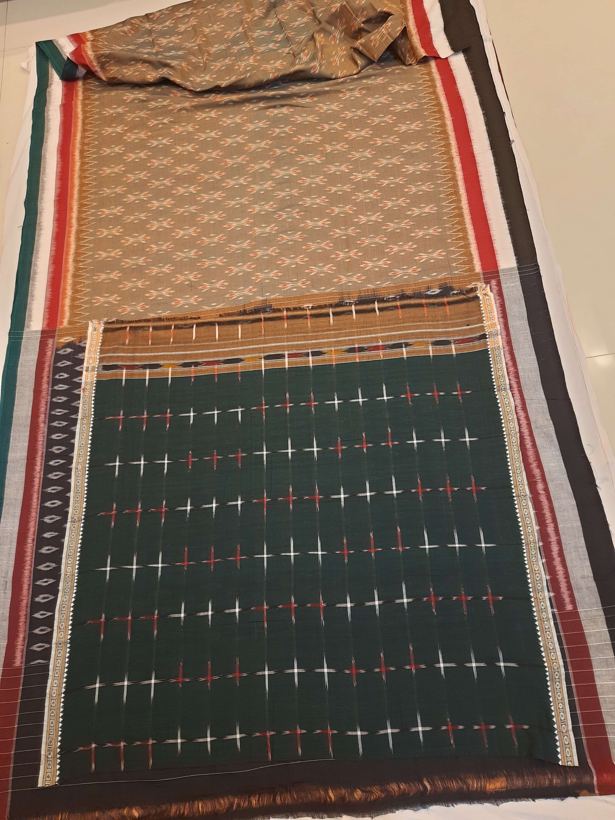 OliveGreen Cotton Odisha Ikat saree  with mix match cotton ikat blouse piece