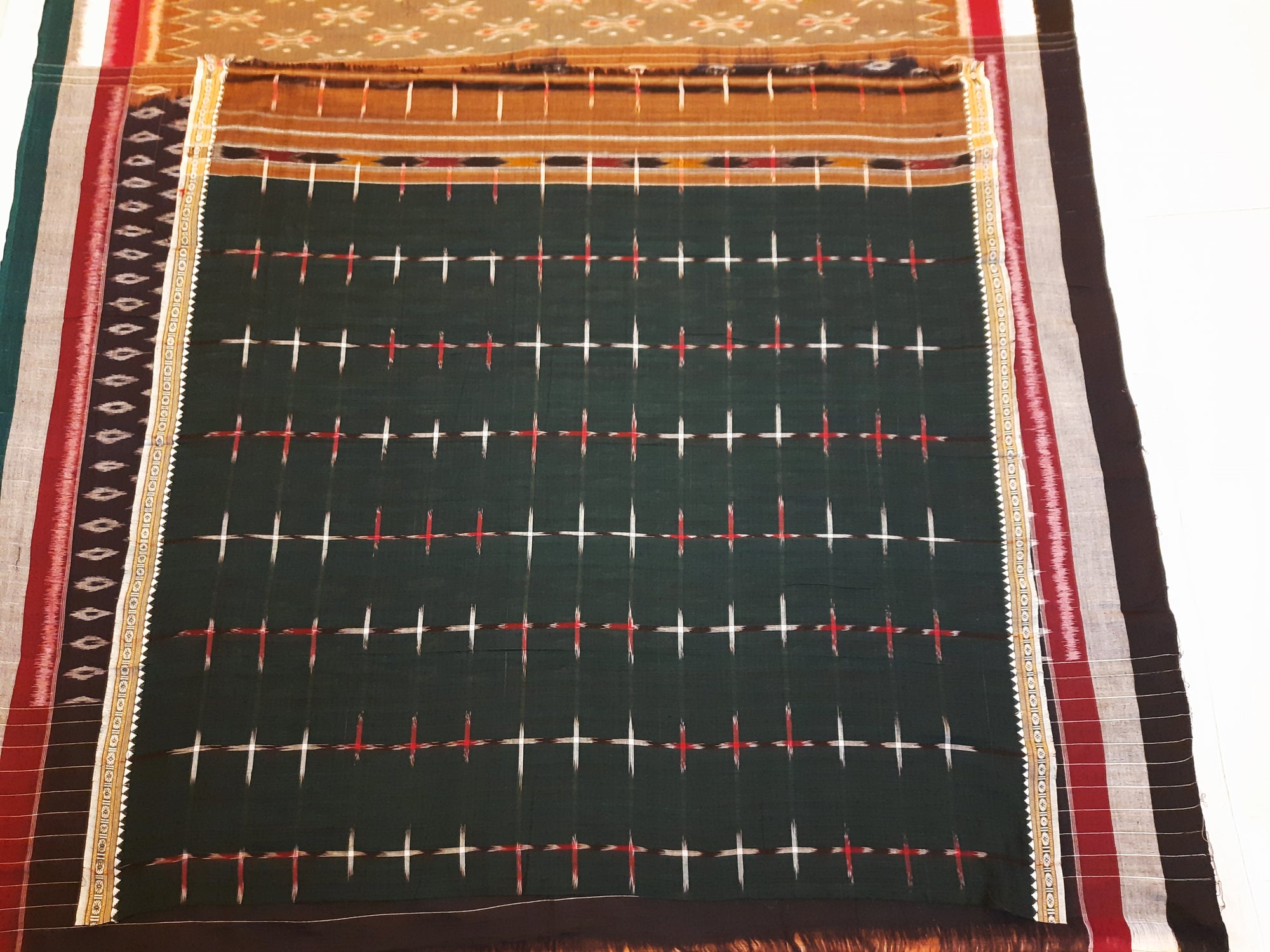 OliveGreen Cotton Odisha Ikat saree  with mix match cotton ikat blouse piece