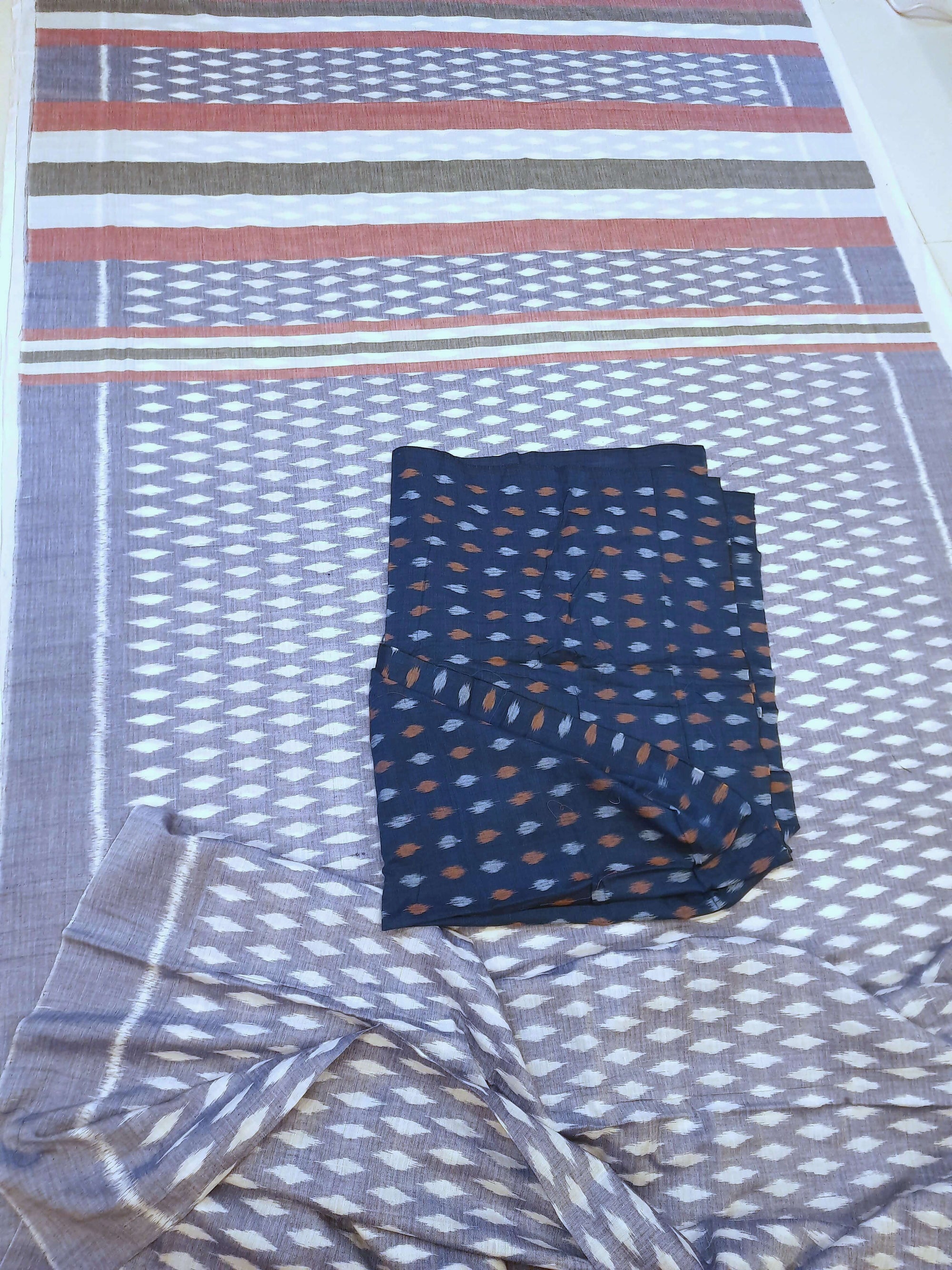 Blue Cotton Odisha Ikat saree with mix match cotton ikat blouse piece