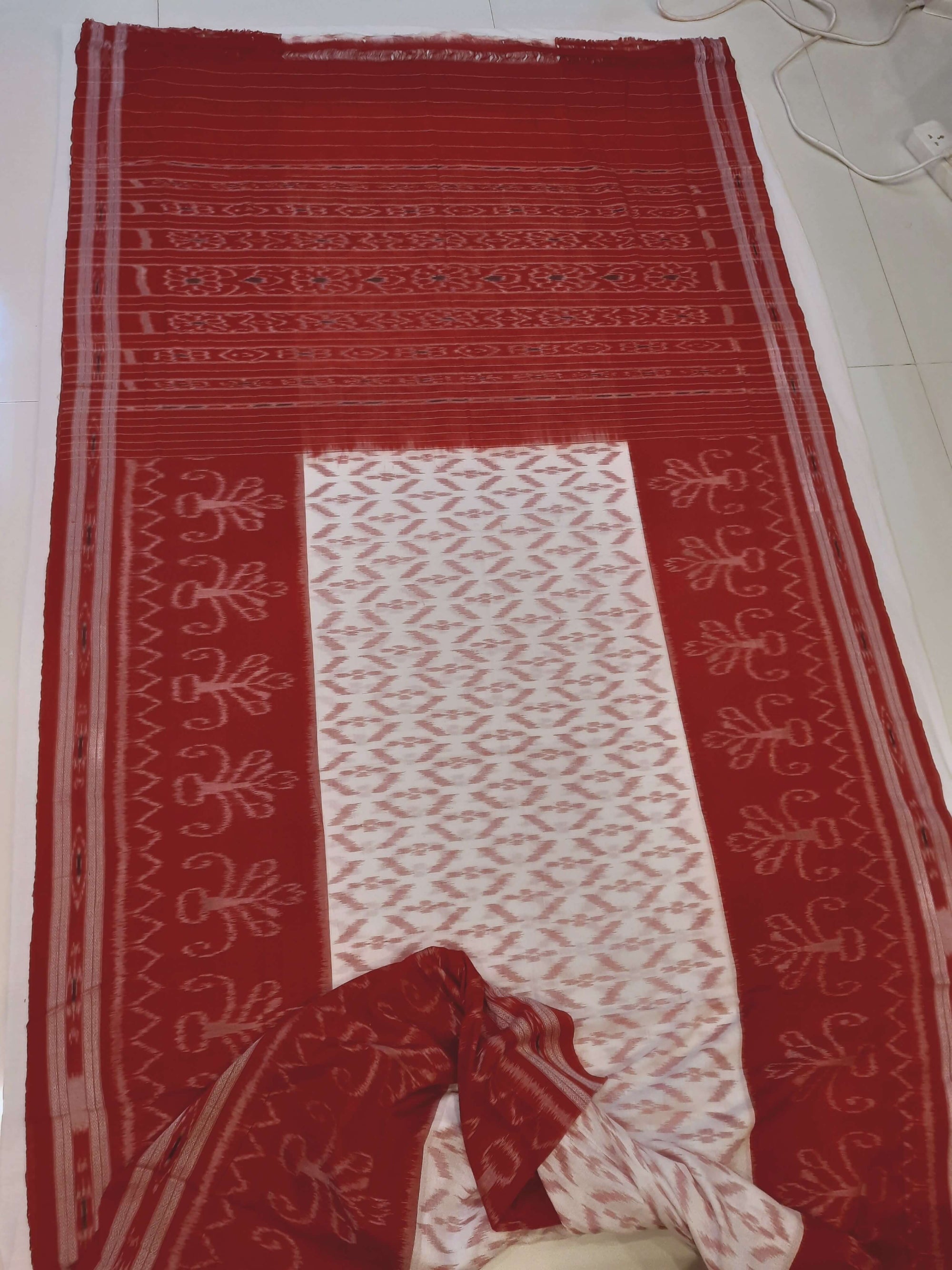 White Red wide border Cotton Odisha Ikat saree with mix match cotton ikat blouse piece