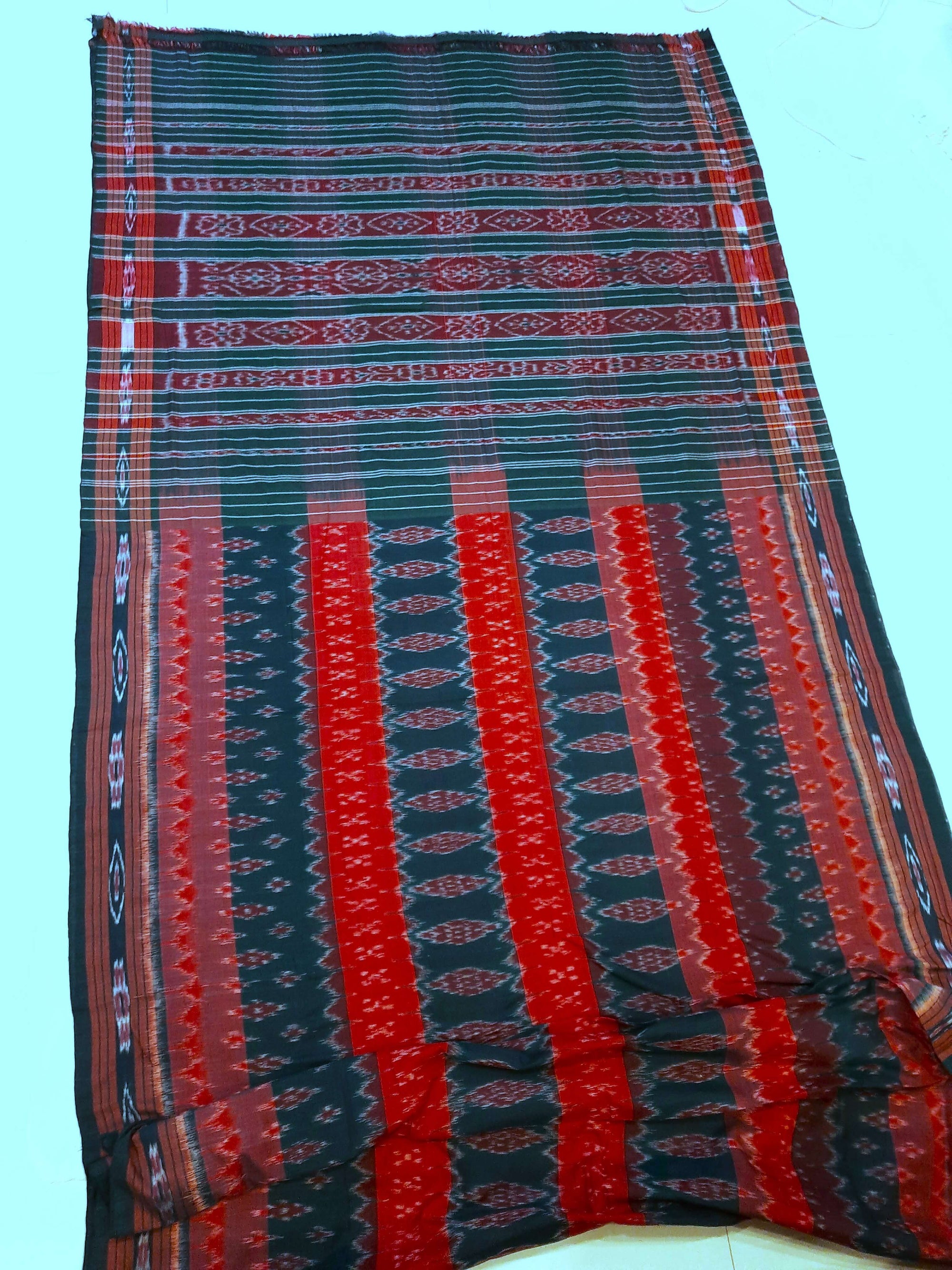 Green Cotton Odisha Ikat saree  with mix match cotton ikat blouse piece