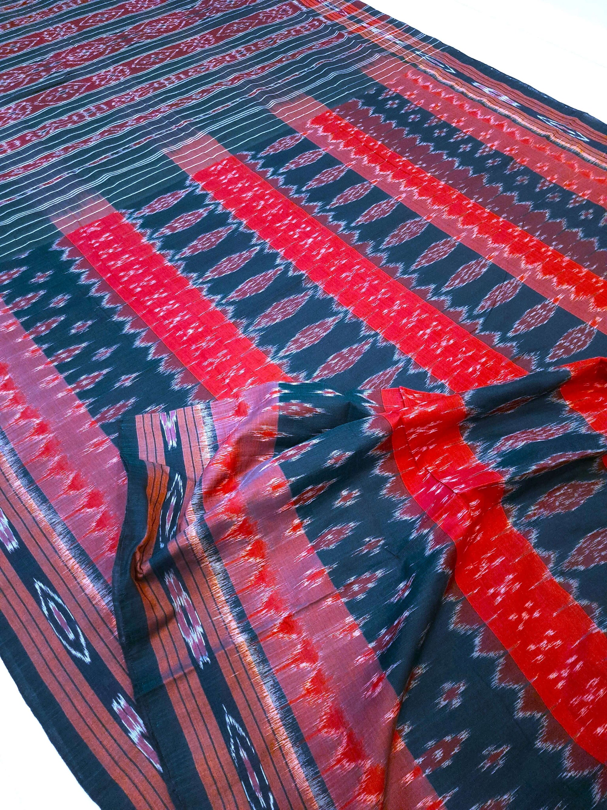 Green Cotton Odisha Ikat saree  with mix match cotton ikat blouse piece