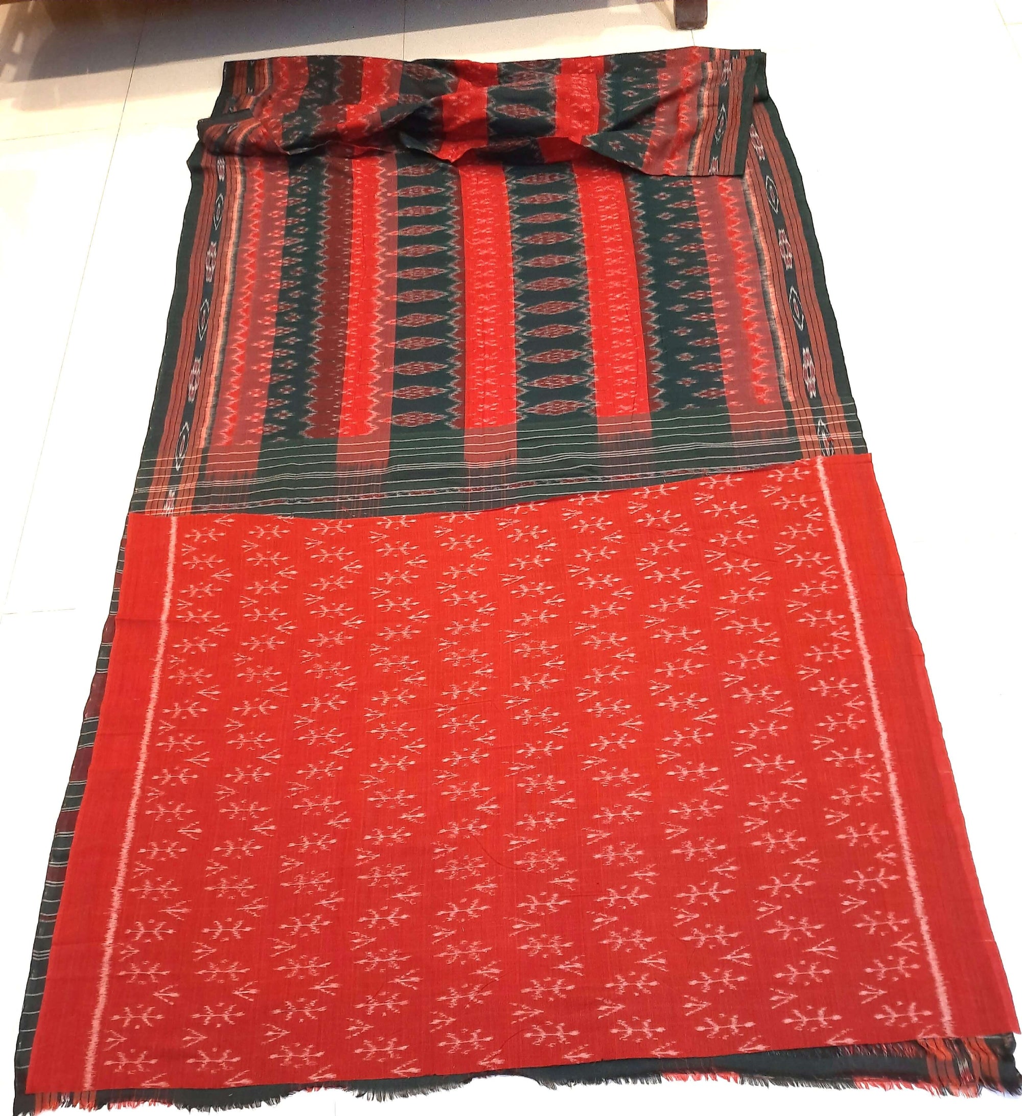 Green Cotton Odisha Ikat saree  with mix match cotton ikat blouse piece