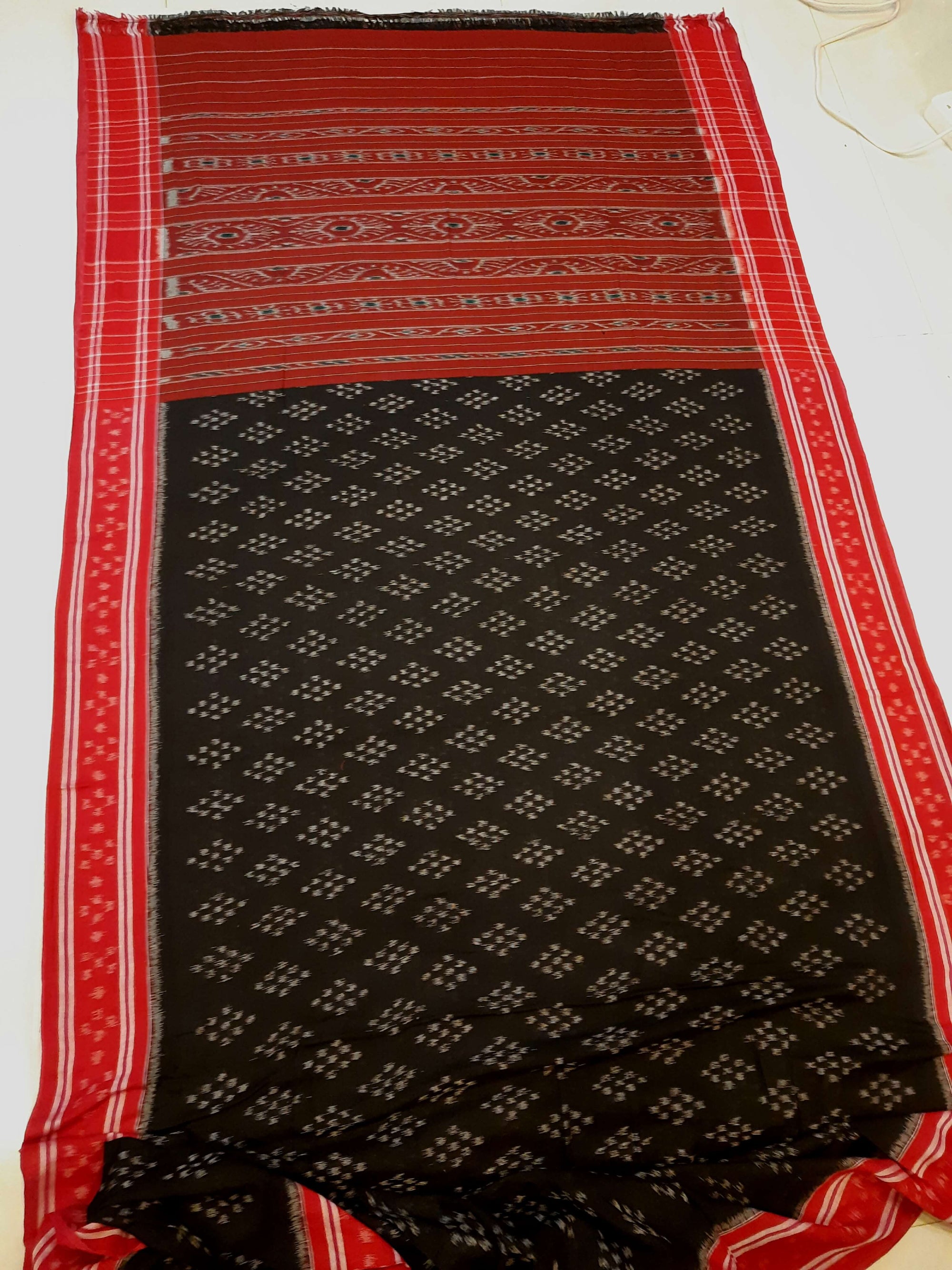 Black Cotton Odisha Ikat saree  with mix match cotton ikat blouse piece