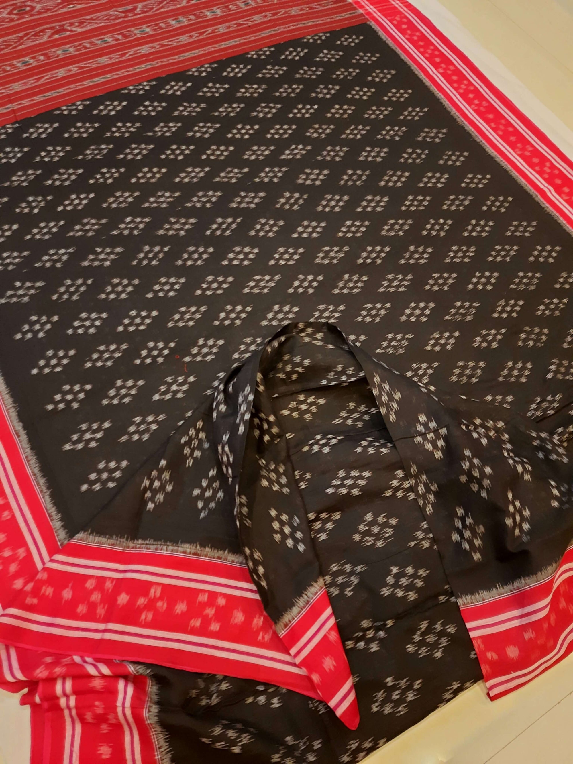 Black Cotton Odisha Ikat saree  with mix match cotton ikat blouse piece