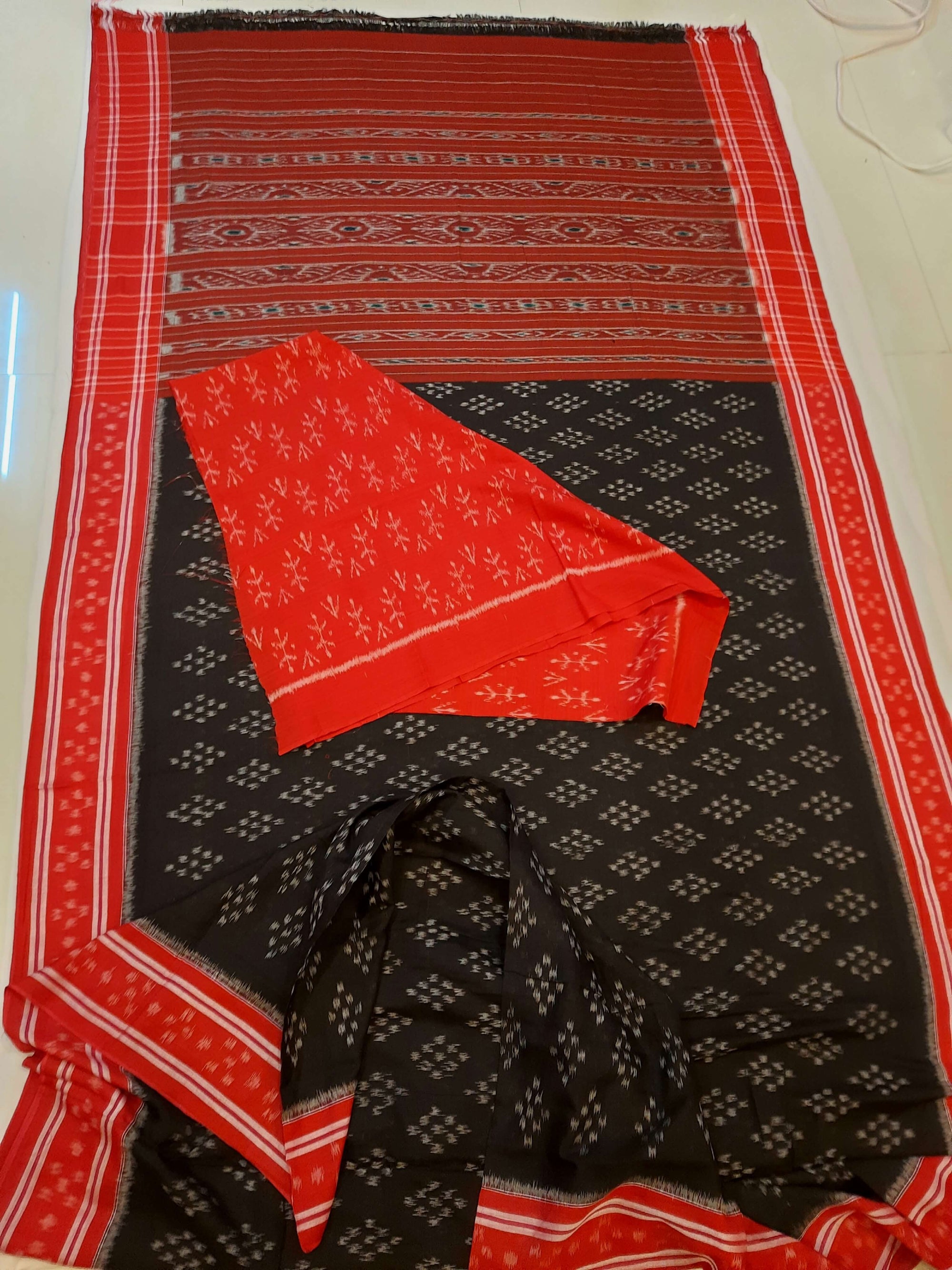 Black Cotton Odisha Ikat saree  with mix match cotton ikat blouse piece