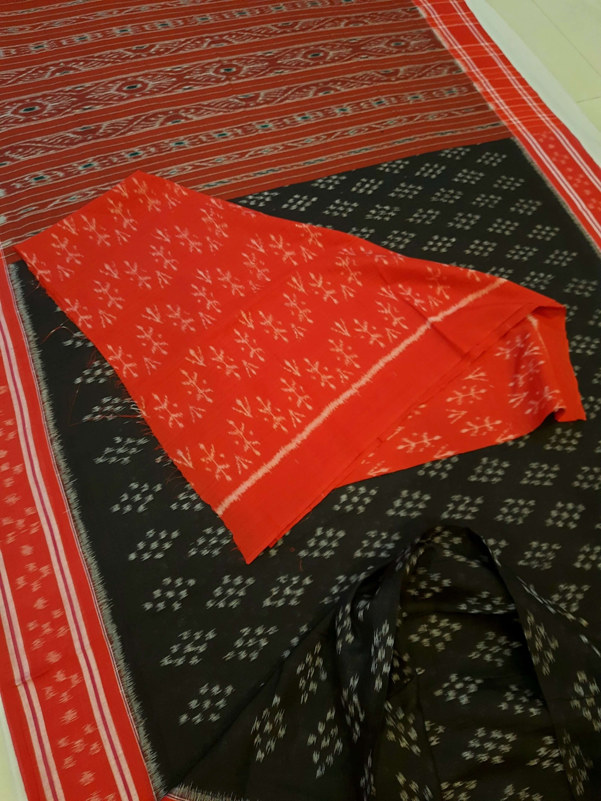 Black Cotton Odisha Ikat saree  with mix match cotton ikat blouse piece