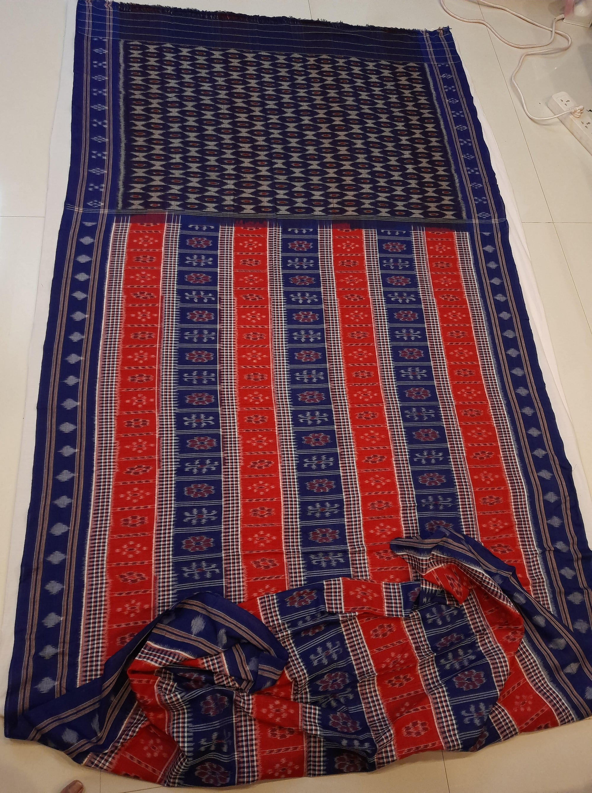 Blue Cotton Odisha Ikat saree with mix match cotton ikat blouse piece
