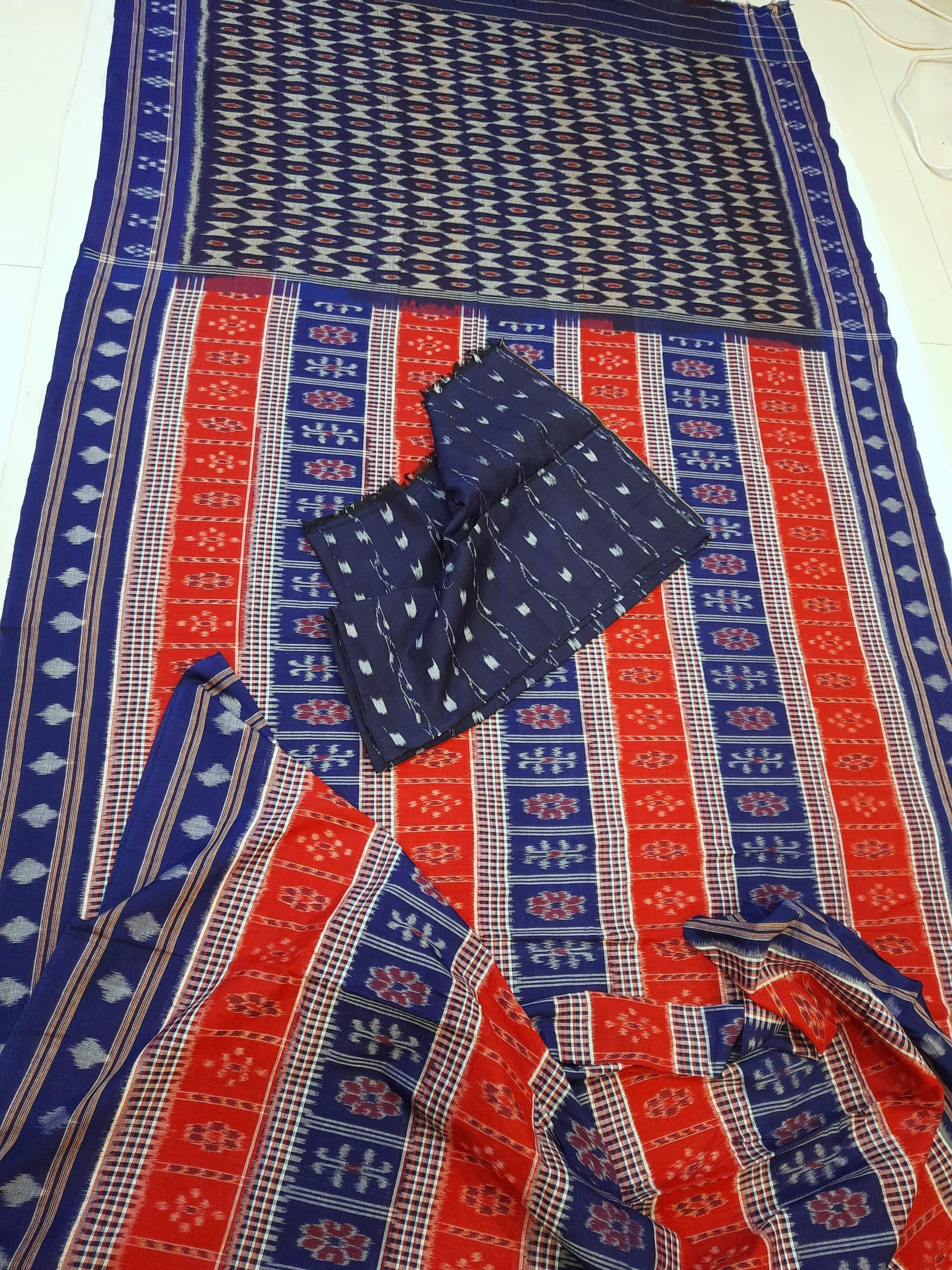 Blue Cotton Odisha Ikat saree with mix match cotton ikat blouse piece