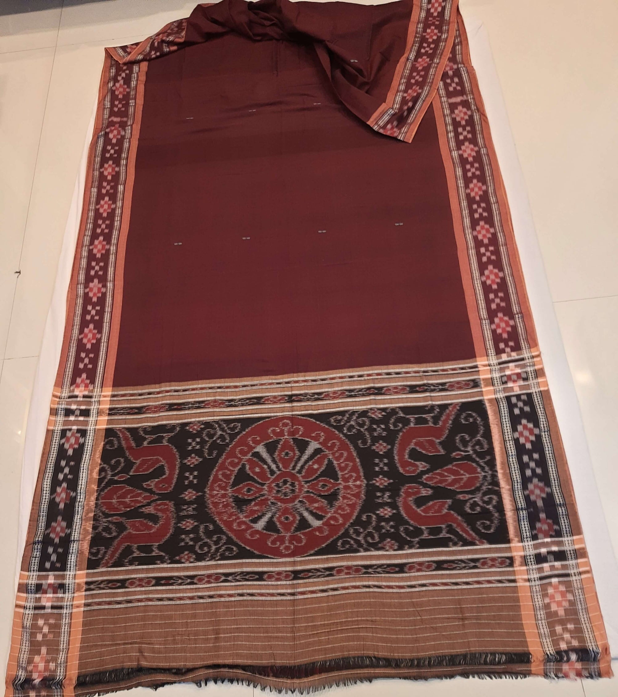 Brown Cotton Odisha Ikat saree  with mix match cotton ikat blouse piece