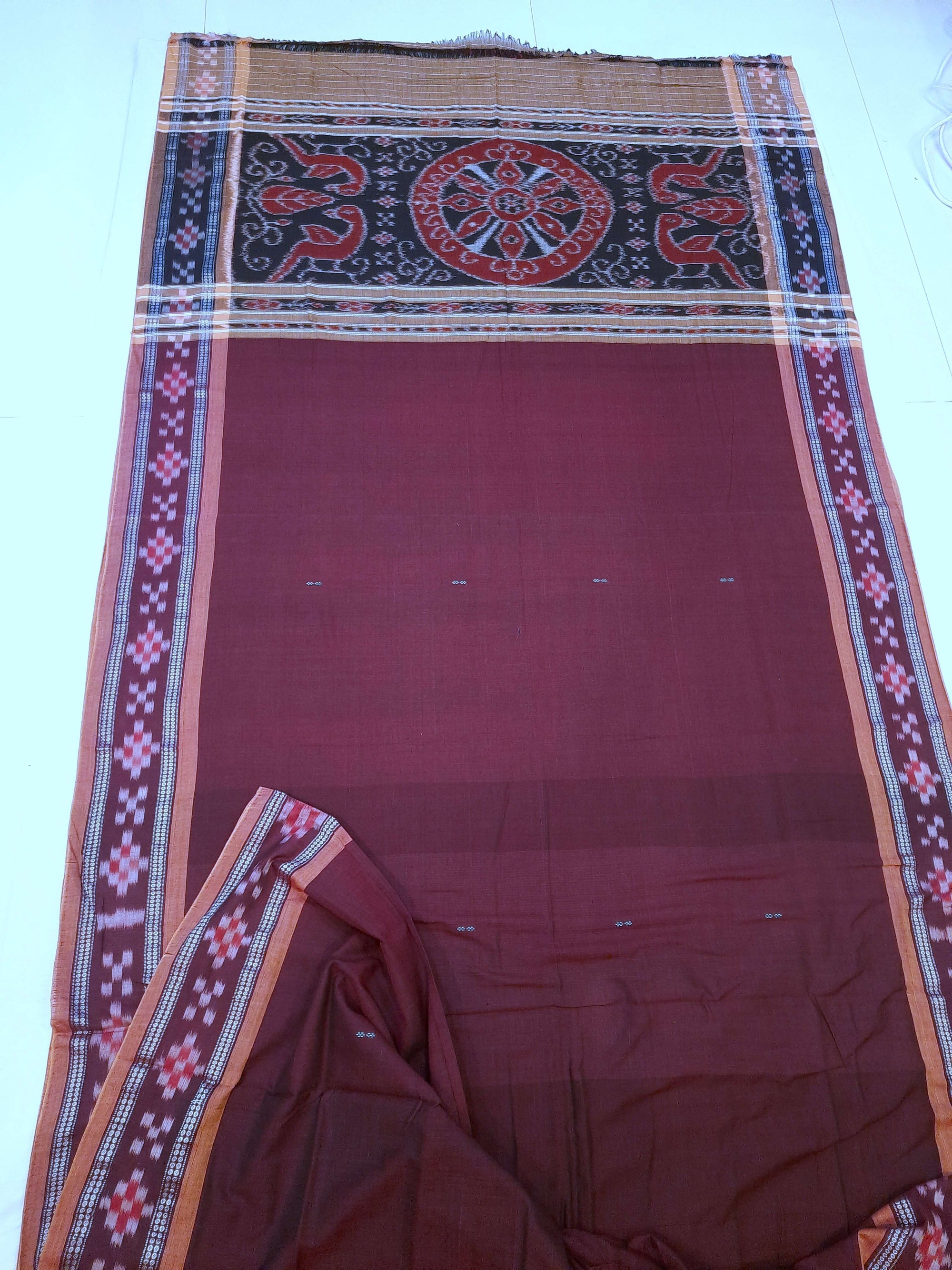 Brown Cotton Odisha Ikat saree  with mix match cotton ikat blouse piece