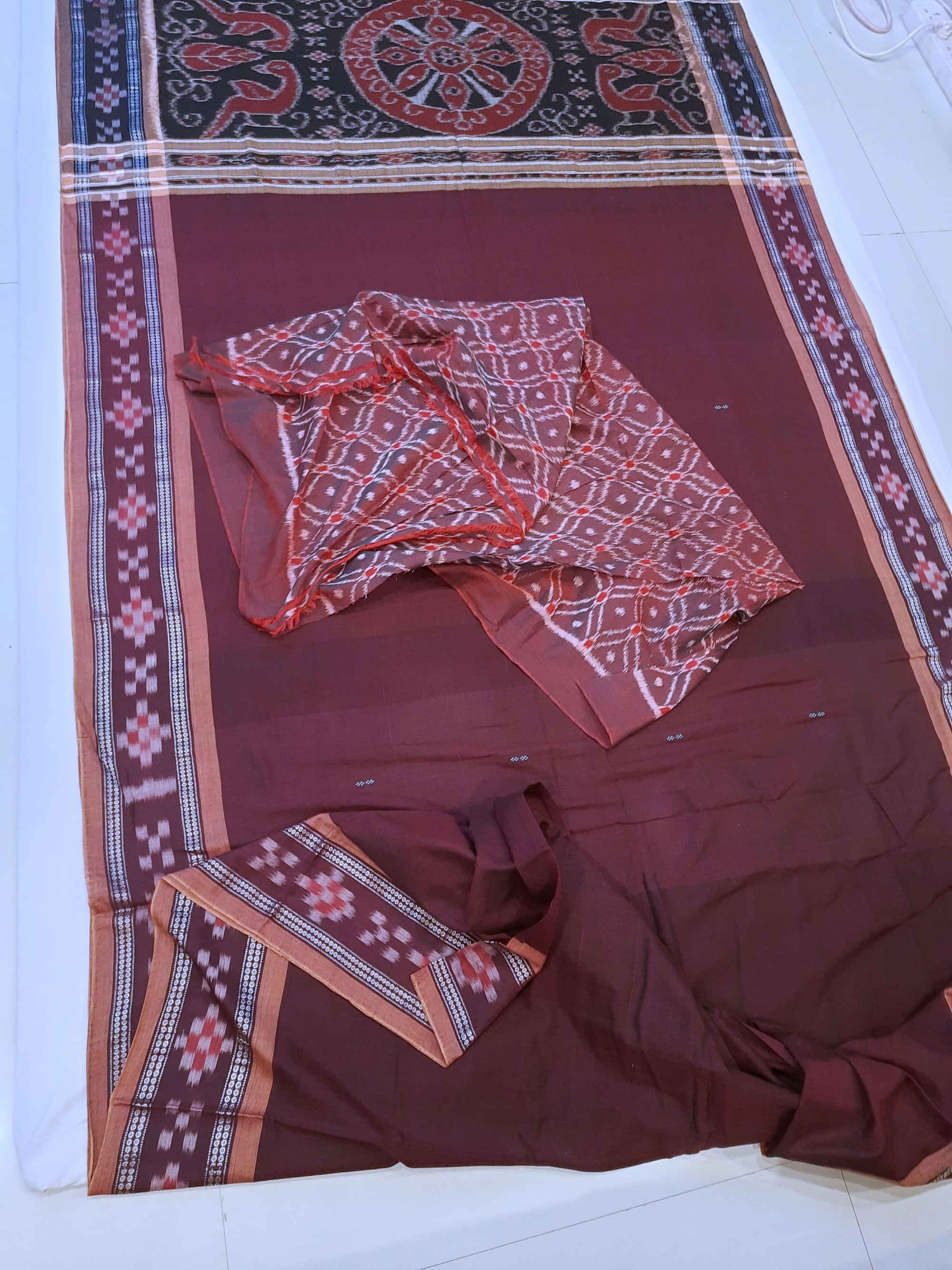 Brown Cotton Odisha Ikat saree  with mix match cotton ikat blouse piece