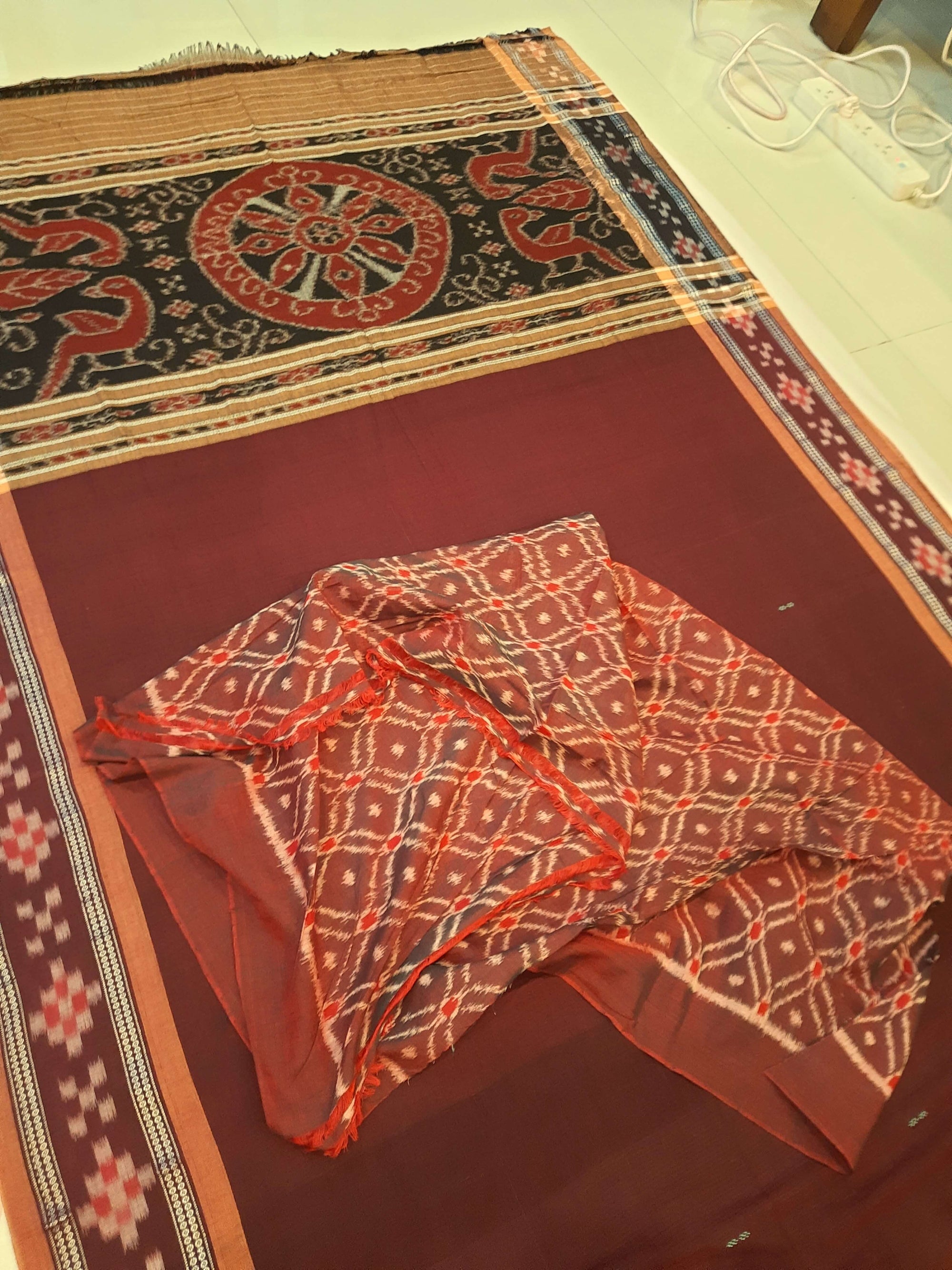 Brown Cotton Odisha Ikat saree  with mix match cotton ikat blouse piece