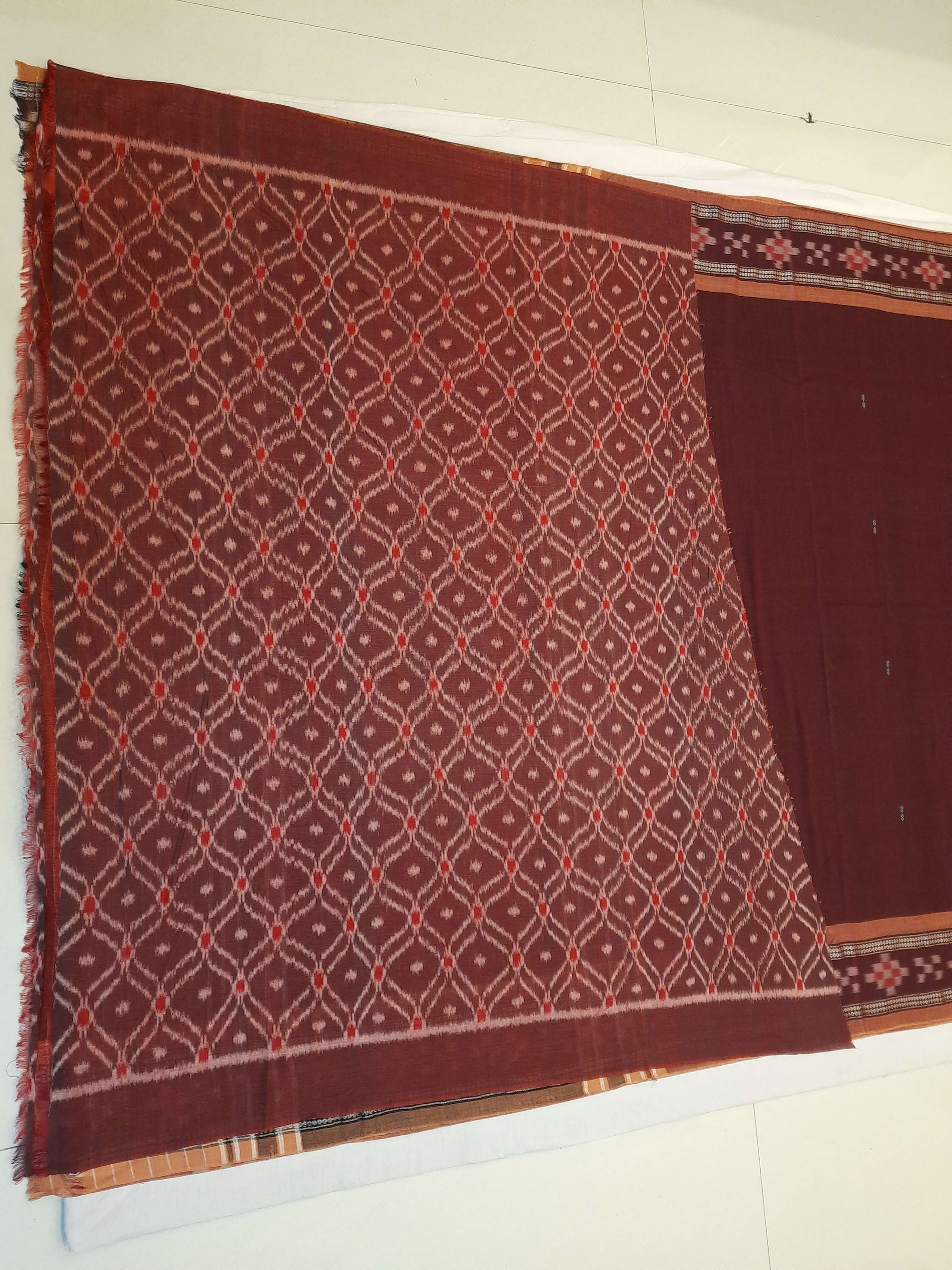 Brown Cotton Odisha Ikat saree  with mix match cotton ikat blouse piece