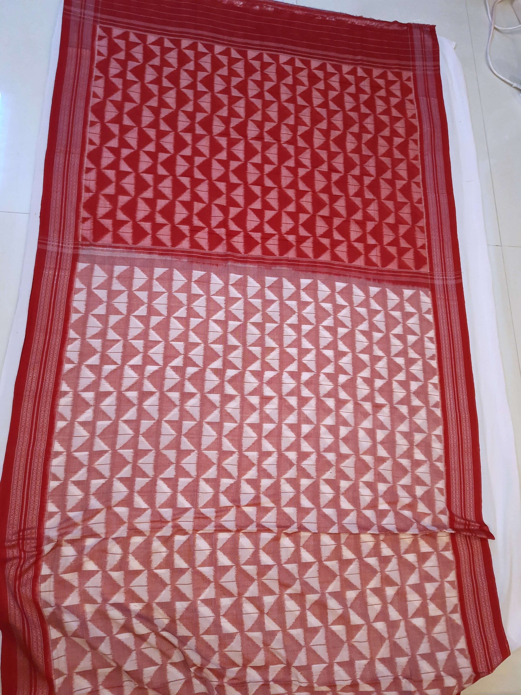 White Red Odisha Ikat saree with cotton ikat blouse piece