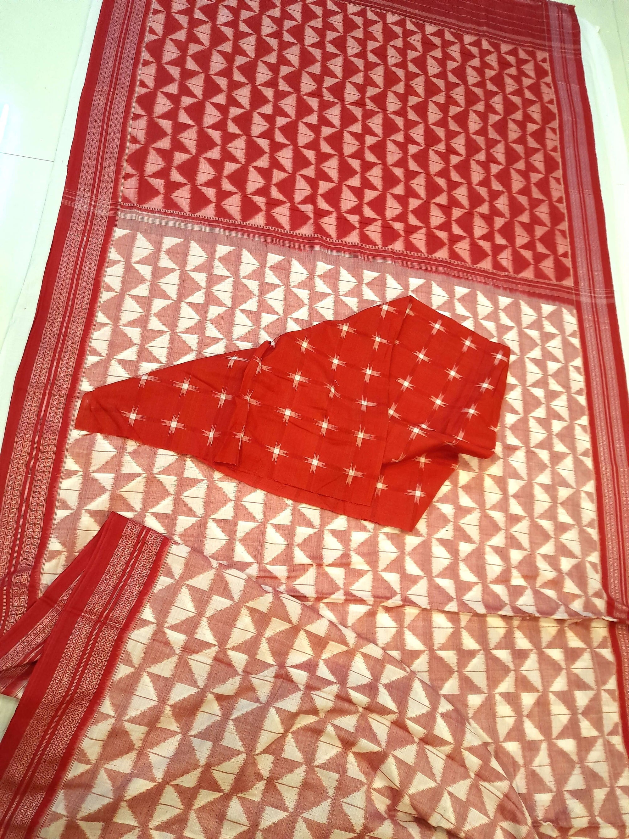 White Red Odisha Ikat saree with cotton ikat blouse piece
