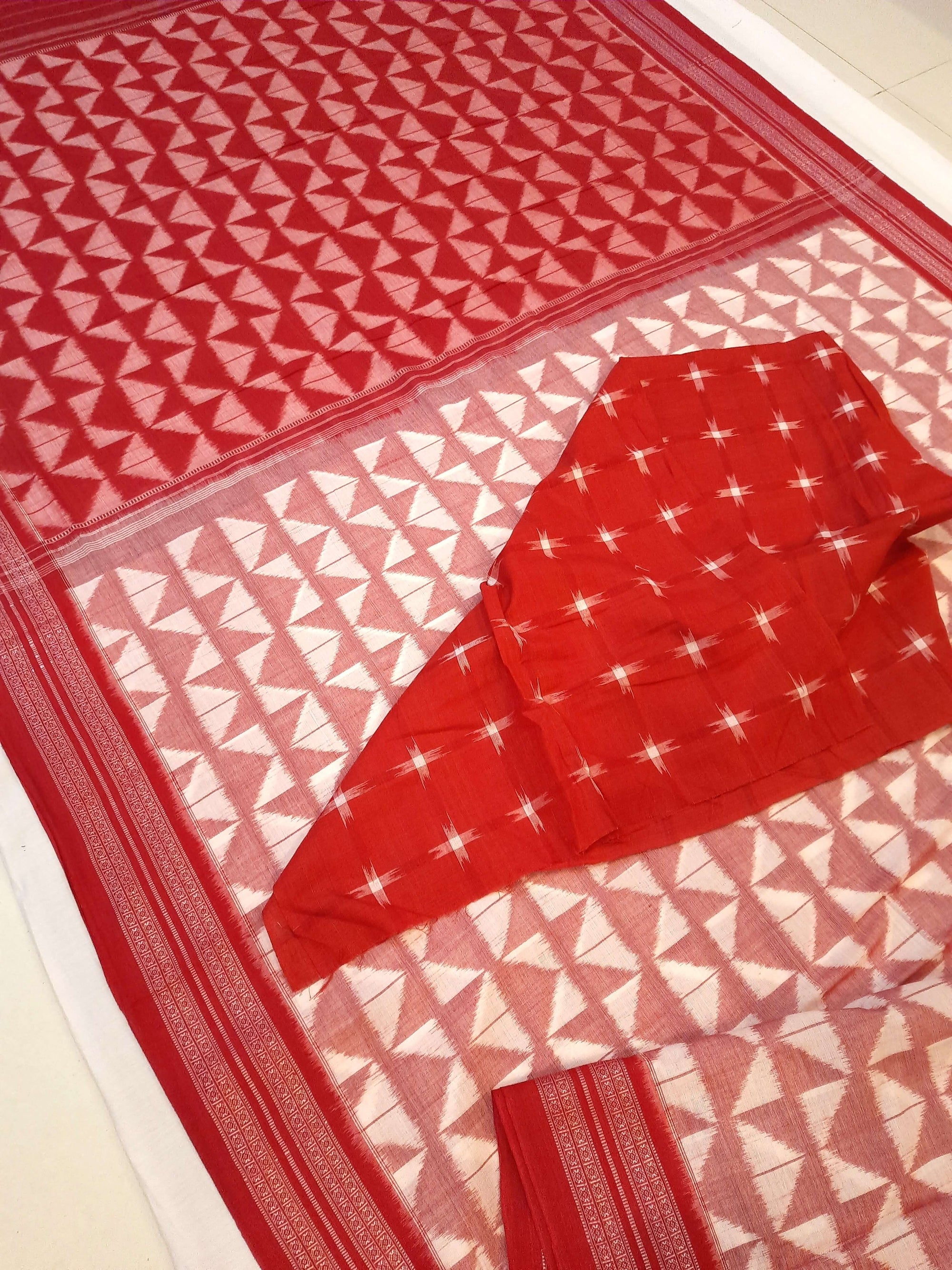 White Red Odisha Ikat saree with cotton ikat blouse piece