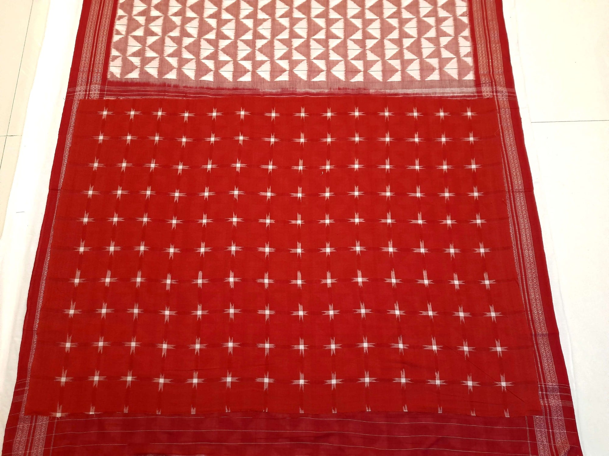 White Red Odisha Ikat saree with cotton ikat blouse piece