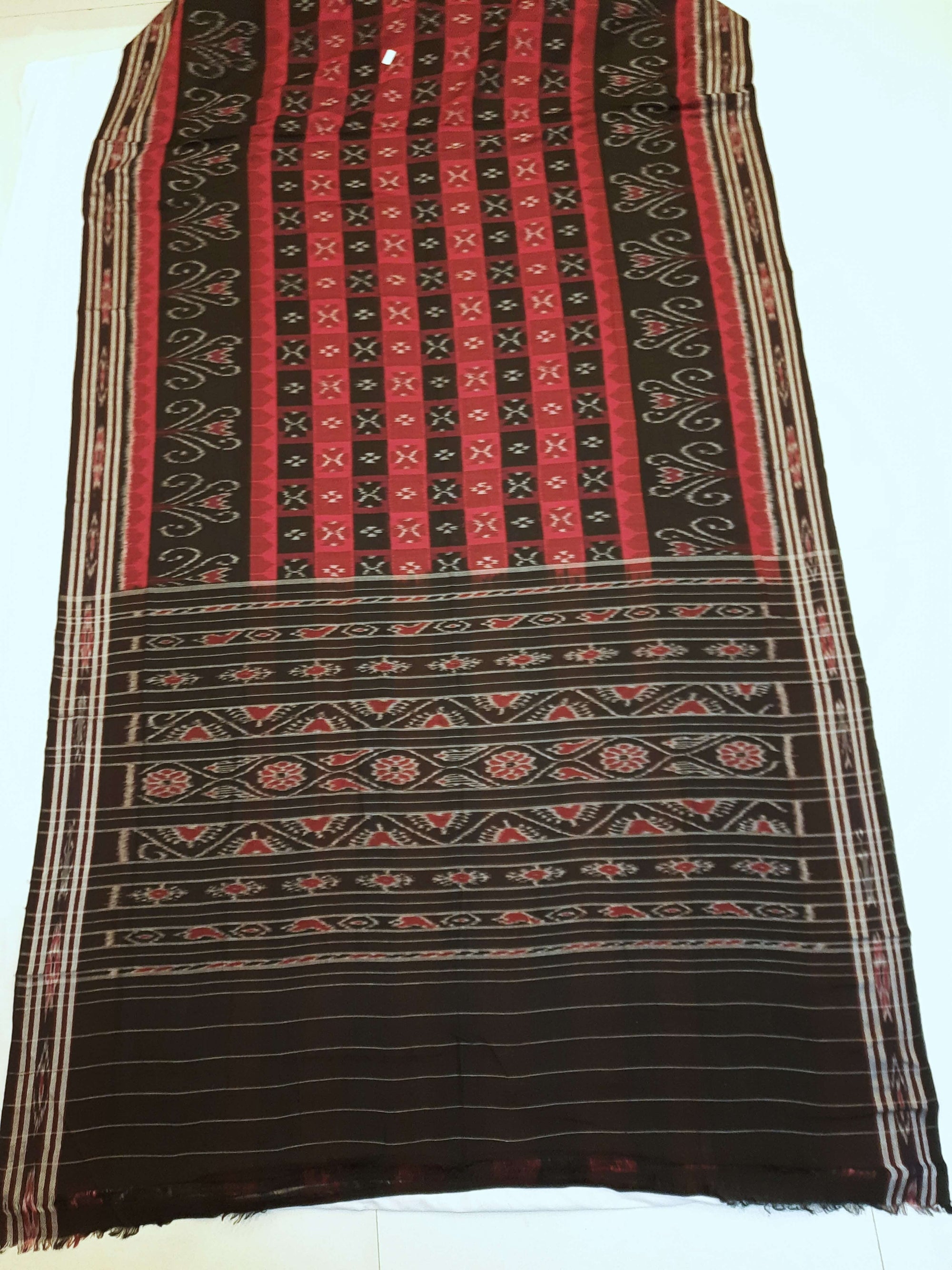 Black Red Cotton Odisha Ikat saree  with mix match cotton ikat blouse piece