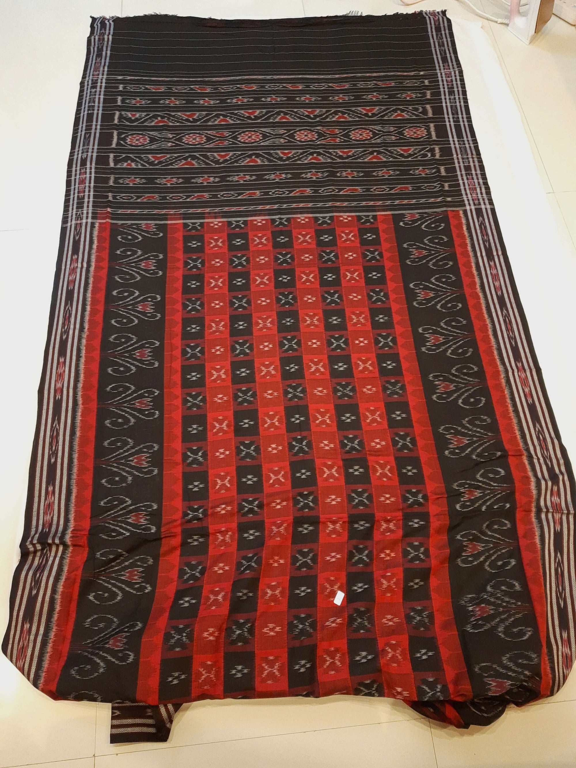 Black Red Cotton Odisha Ikat saree  with mix match cotton ikat blouse piece