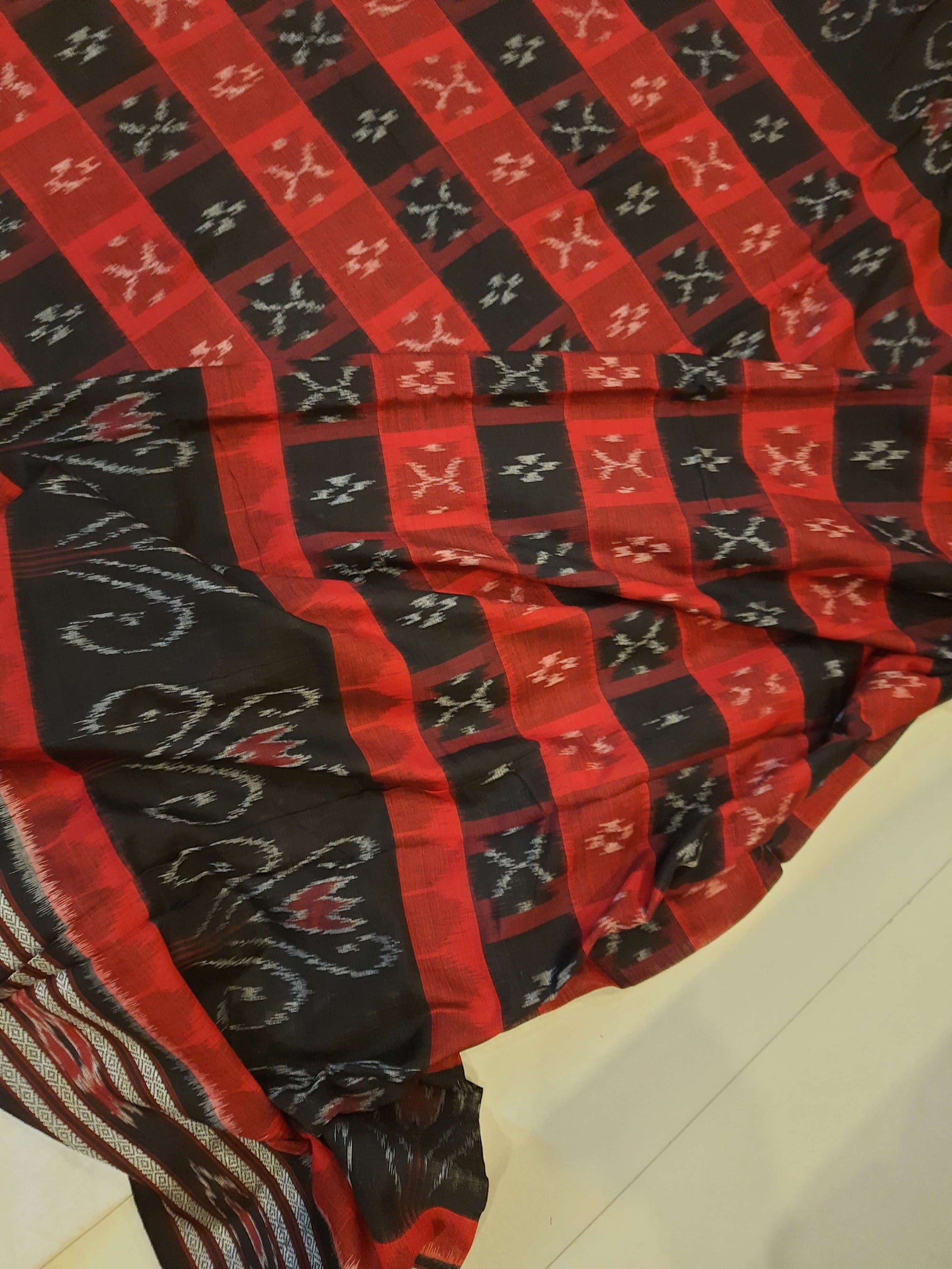 Black Red Cotton Odisha Ikat saree  with mix match cotton ikat blouse piece