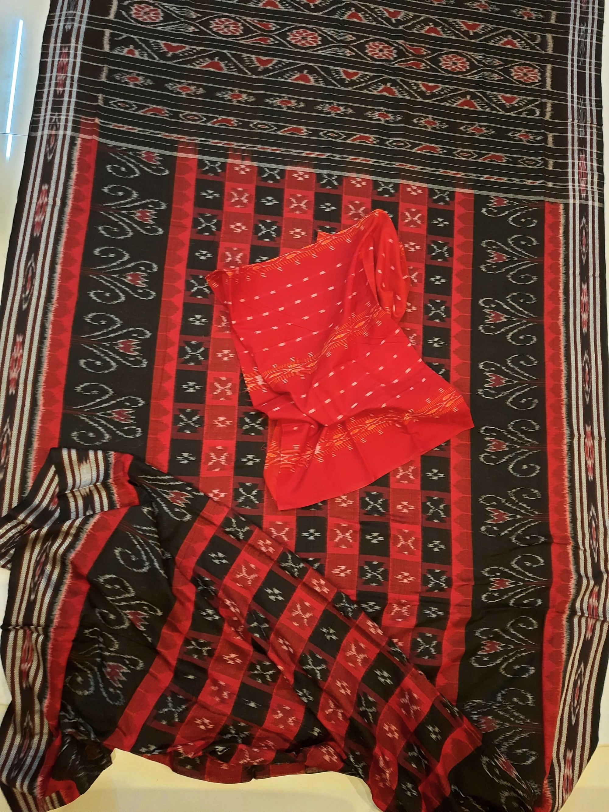 Black Red Cotton Odisha Ikat saree  with mix match cotton ikat blouse piece