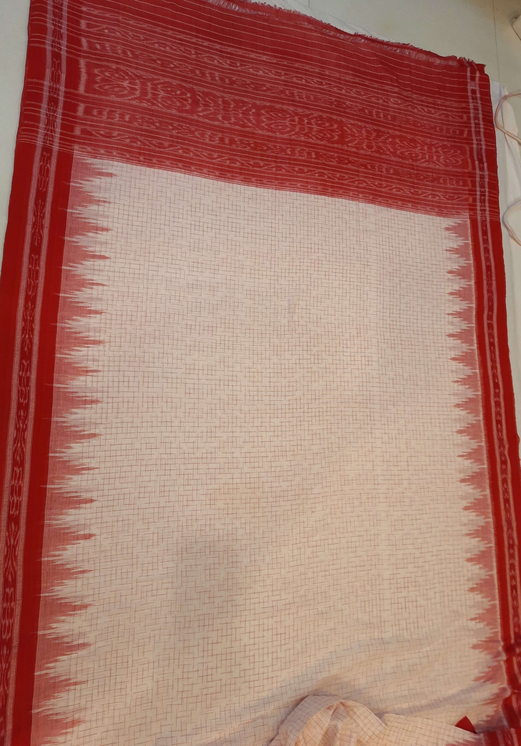 White with Red Cotton Odisha Ikat saree with mix match cotton ikat blouse piece
