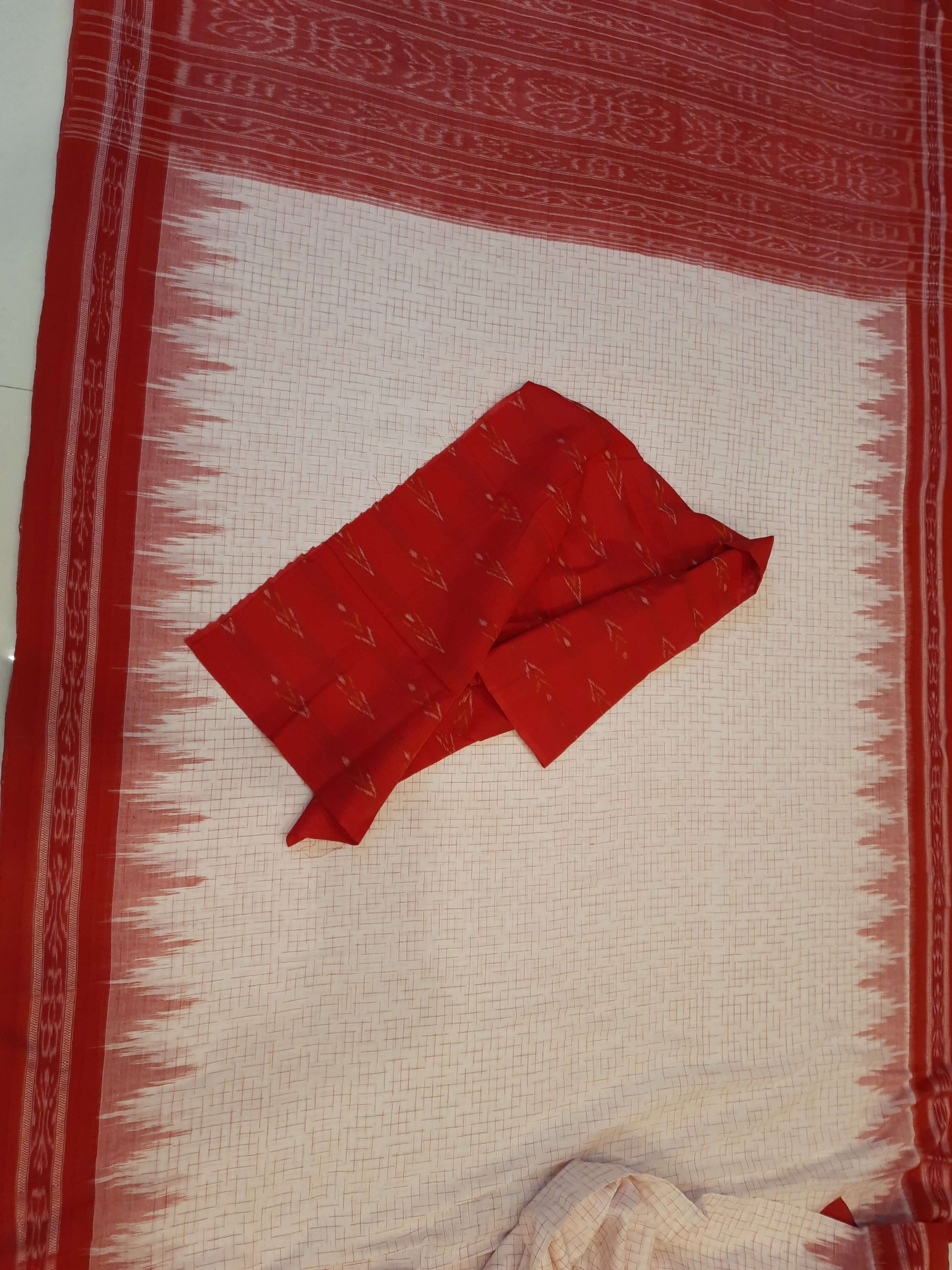 White with Red Cotton Odisha Ikat saree with mix match cotton ikat blouse piece