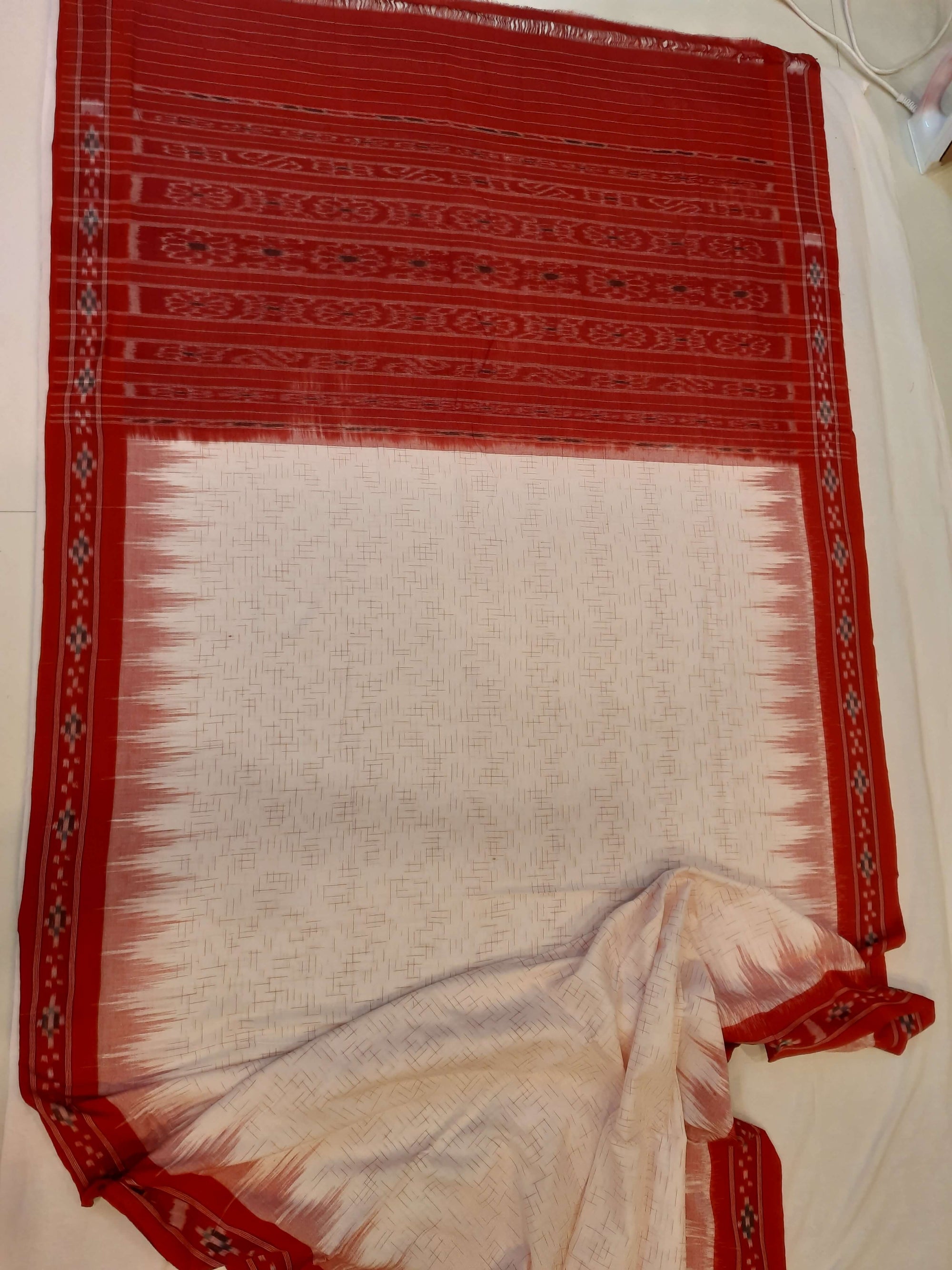 White with Red Cotton Odisha Ikat saree with mix match cotton ikat blouse piece