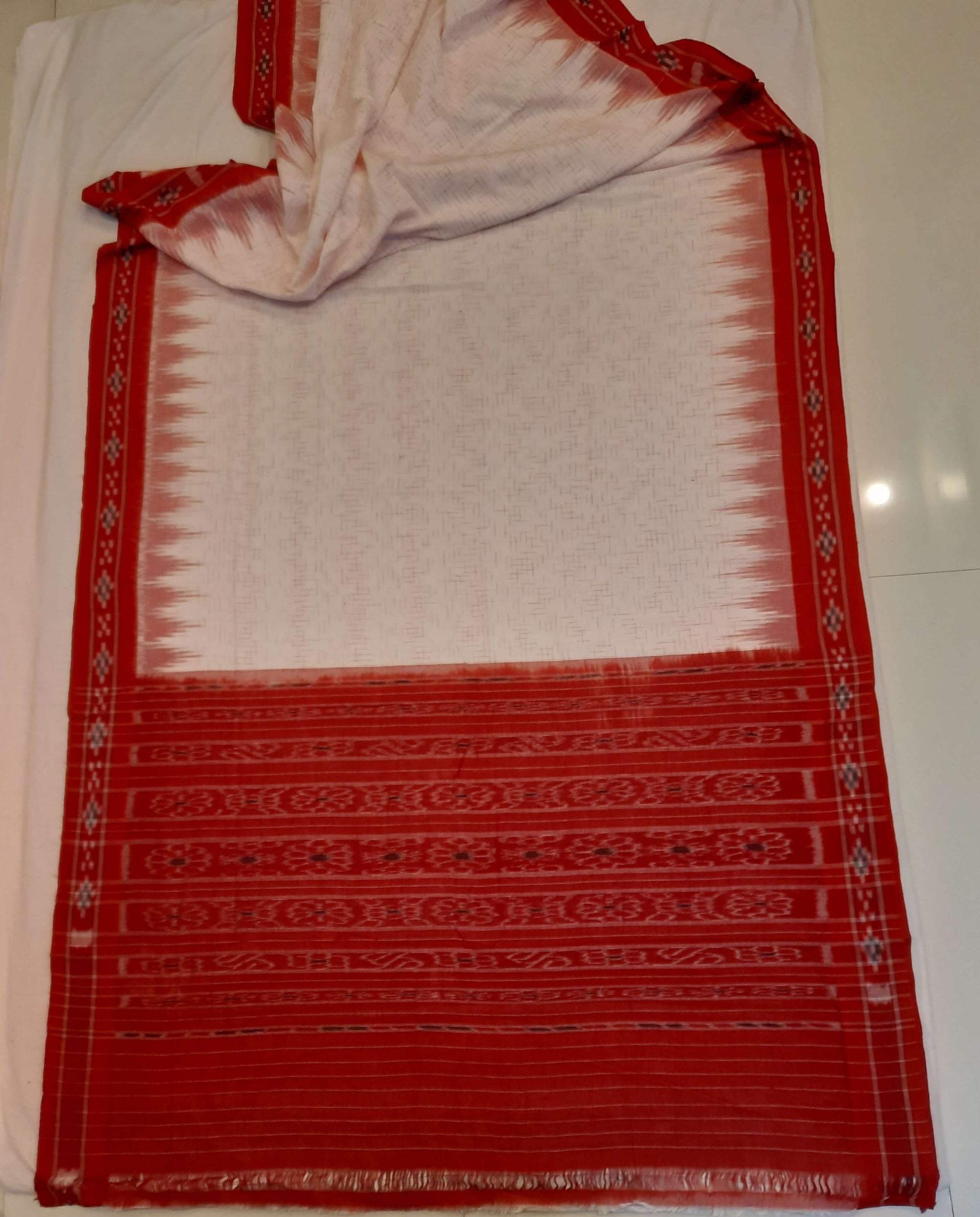 White with Red Cotton Odisha Ikat saree with mix match cotton ikat blouse piece