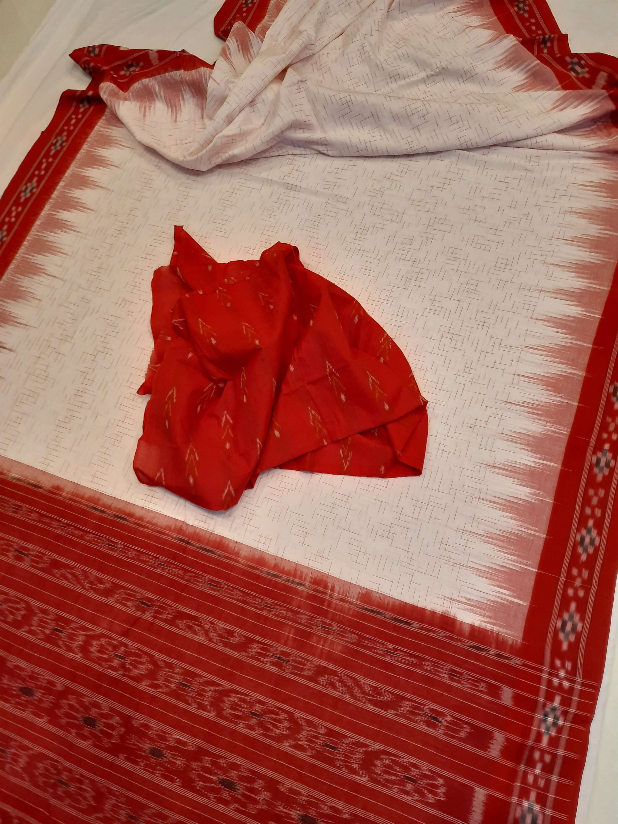 White with Red Cotton Odisha Ikat saree with mix match cotton ikat blouse piece