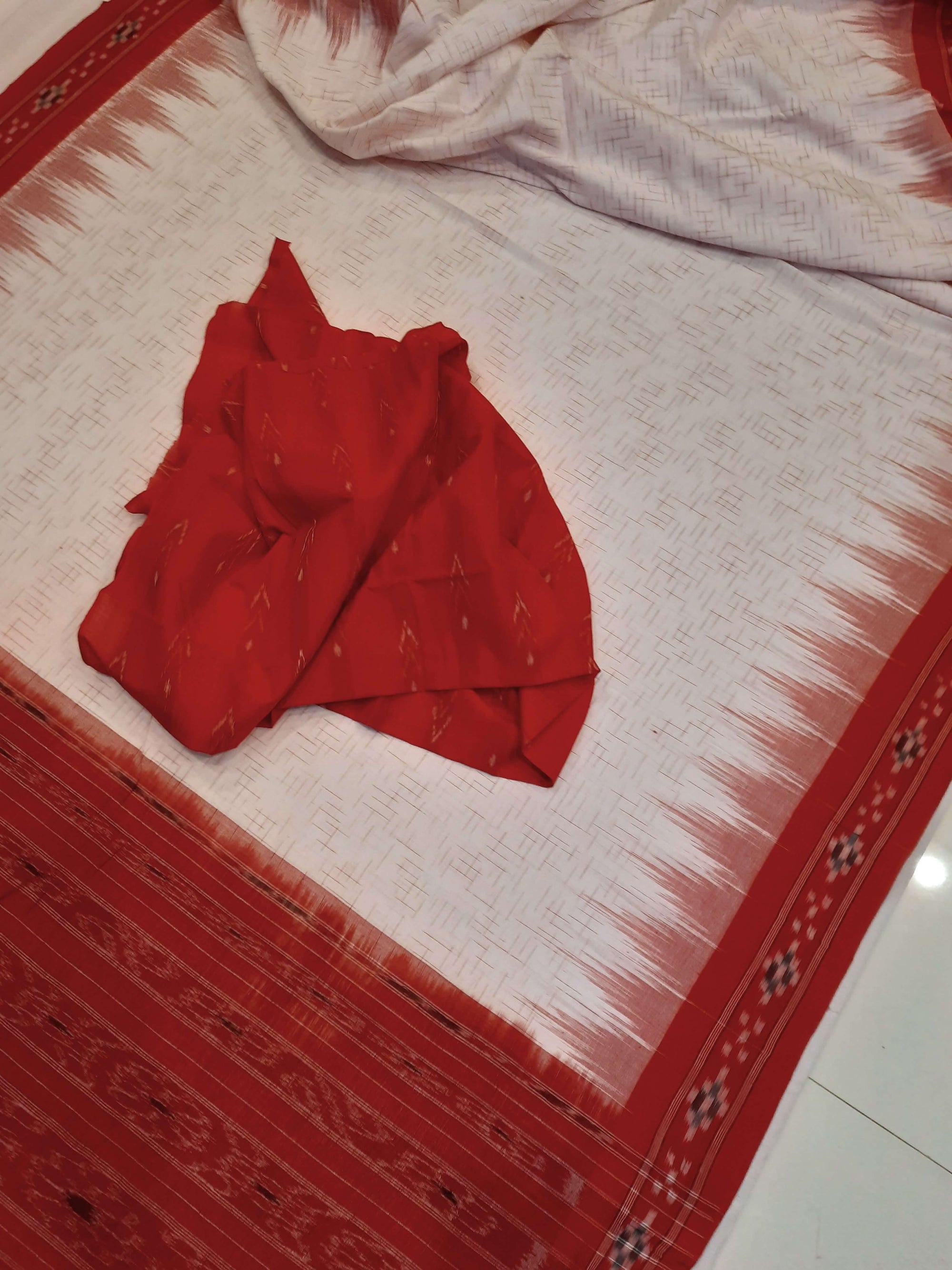 White with Red Cotton Odisha Ikat saree with mix match cotton ikat blouse piece