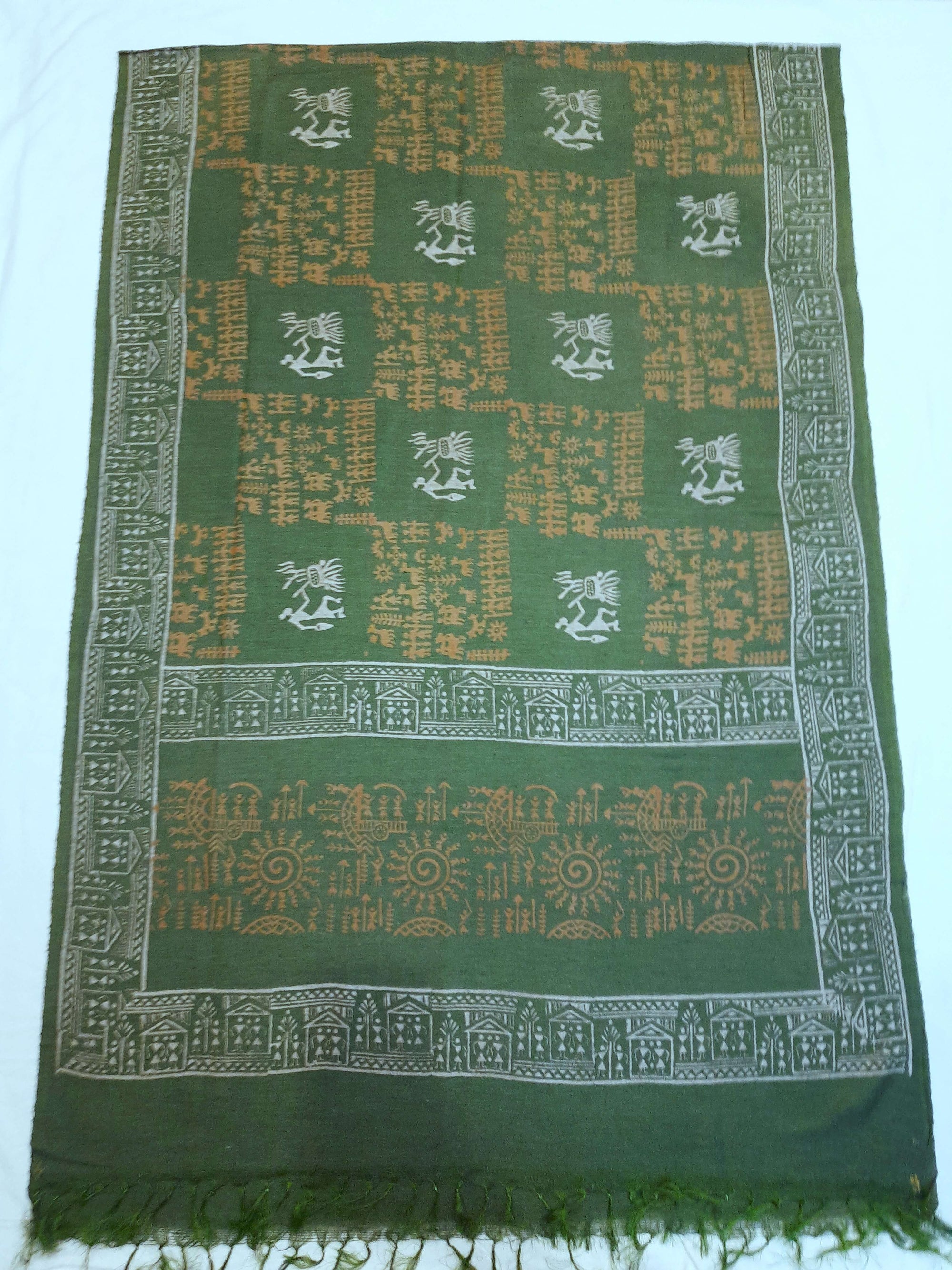 Green Tussar Silk Dupatta with hand block print