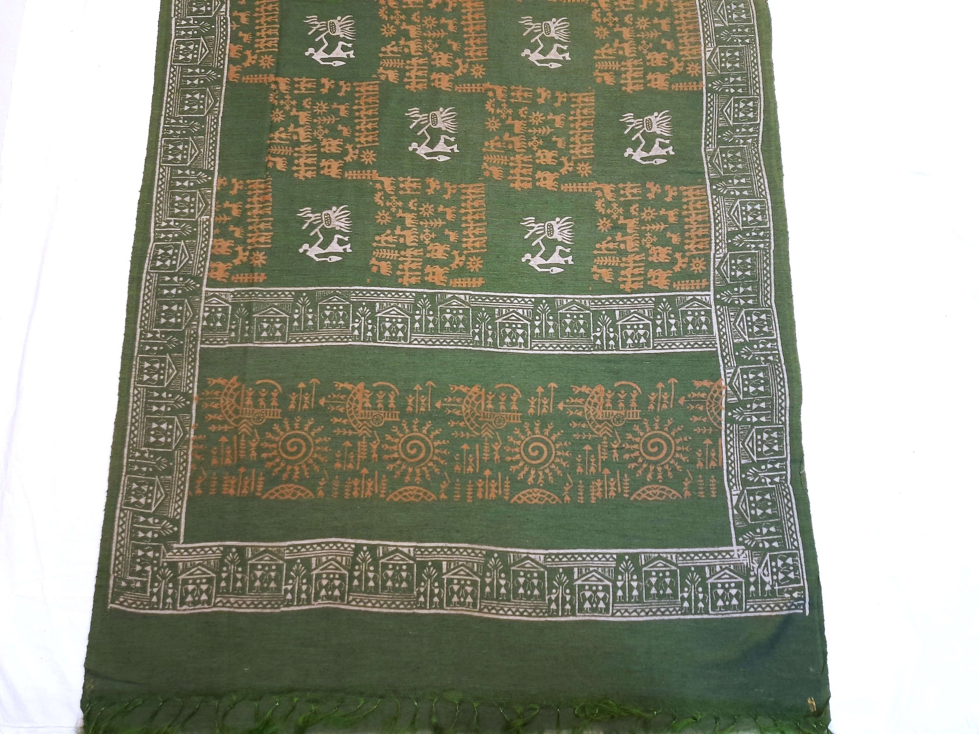 Green Tussar Silk Dupatta with hand block print